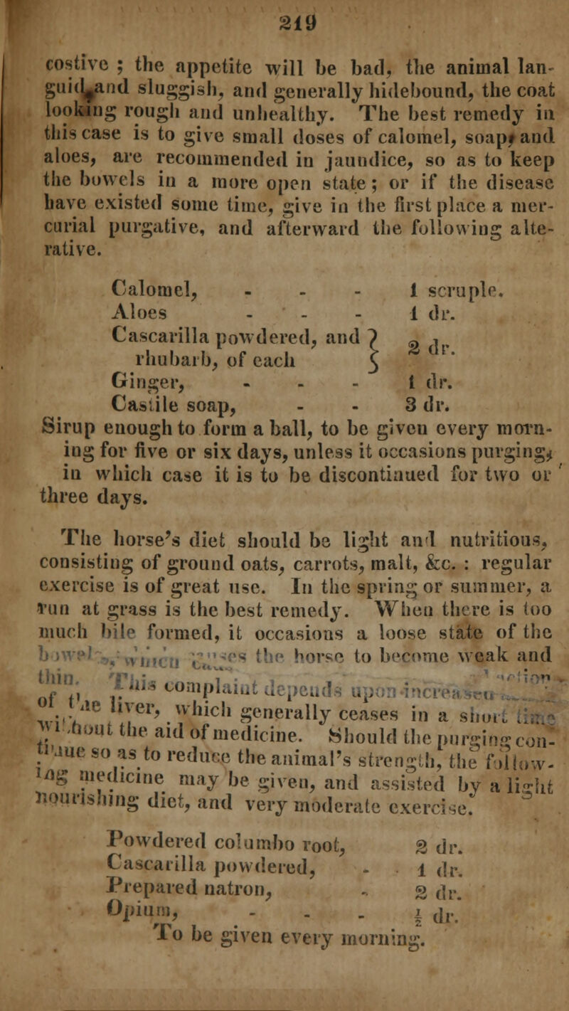 costive ; the appetite will be bad, the animal Ian- guidgind sluggish, and generally hidebound, the coat looking rough and unhealthy. The best remedy in this case is to give small doses of calomel, soapy and aloes, are recommended in jaundice, so as to keep the bowels in a more open state; or if the disease have existed some time, give in the first place a mer- curial purgative, and afterward the following alte- rative. Calomel, 1 scruple. Aloes - - - 1 dr. Cascarilla powdered, and ? a , rhubarb, of each 5 Ginger, - - - 1 dr. Castile soap, 3 dr. Sirup enough to form a ball, to be given every morn- ing for five or six days, unless it occasions purging* iu which case it is to be discontinued for two or ' three days. The horse's diet should be light and nutritious, consisting of ground oats, carrots, malt, &c. : regular exercise is of great use. In the spring or summer, a Pirn at grass is the best remedy. When there is too much bile formed, it occasions a loose state of the horse to become weak and thin. TJiiscomplai peud ... oi i-ae hyer, which generally ceases in a shoii without the aid of medicine. Should the purlins; con? ti aue so as to reduce the animal's strength, the follow- i/ig medicine may be given, and assisted bv a li-lit nourishing diet, and very moderate exercise. Powdered col umbo root, 2 dr. Cascarilla powdered, - l dr. Prepared natron, . 2 <jr. Opium, i j,. To be given every morning.