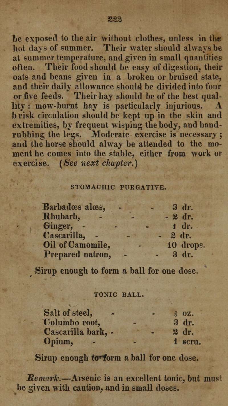 ?)e exposed to the air without clothes, unless in the hot days of summer. Their water should always be at summer temperature, and given in small quantities often. Their food should be easy of digestion, their oats and beans given in a broken or bruised state, and their daily allowance should be divided into four or five feeds. Their hay should be of the best qual- lity : mow-burnt hay is particularly injurious. A b risk circulation should be kept up in the skin and extremities, by frequent wisping the body, and hand- rubbing the legs. Moderate exercise is necessary ; and the horse should alway be attended to the mo- ment he comes into the stable, either from work or exercise. {See next chapter.) STOMACHIC PURGATIVE. Barbadoes aires, - 3 dr. Rhubarb, - - - % dr. Ginger, - - 1 dr. Cascarilla, - - - 2 dr. Oil of Camomile, - 10 drops. Prepared natron, - - 3 dr. Sirup enough to form a ball for one dose. TONIC BALL. Salt of steel, i oz. Columbo root, 3 dr. Cascarilla bark, - 2 dr. Opium, 1 ecru. Sirup enough tcpforra a ball for one dose. Remark.—Arsenic is an excellent tonic, but musf be given with caution, and in small doses.