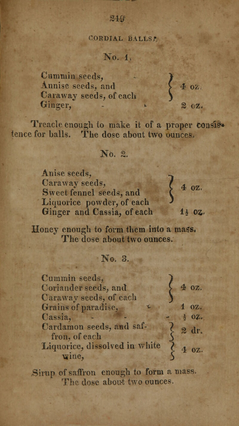 2W CORDIAL BALLSf- No. 1. Cummin seeds, > Annise seeds, find V 4 ok, Caraway seeds, of each ) Ginger, - »■ 2 oz. Treacle enough to make it of a proper consist* tence for balls. The dose about two ounces, NO. % Anise seeds, ^ Caraway seeds, / ^ Sweet fennel seeds, and I Liquorice powder, of each ' Ginger and Cassia, of each 1$ 0£« Honey enough to form them into a mass. The dose about two ounces. No. 3. Cummin seeds, 1 Coriander seeds, and > 4 oz. Caraway seeds, of each } Grains of paradise, <■ 1 oz. Cassia, - - h oz. Cardamon seeds, and saf- ^ g dr fron, of each 5 Liquorice, dissolved in white 1 ^ QZ \tfine, $ /Sirup of saffron enough to form a mass. The dose abou-t two ounces.