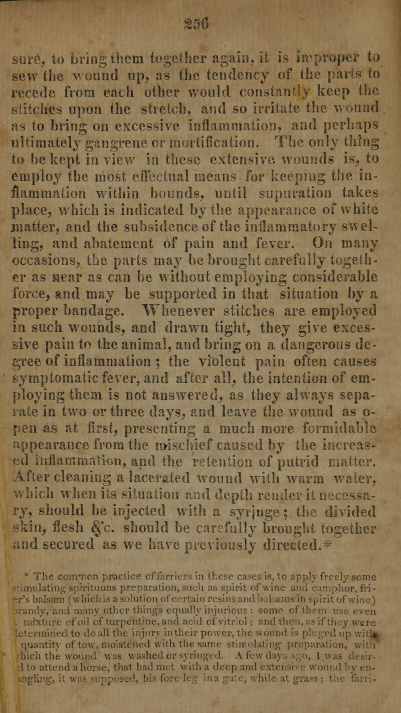 sure, to bring them together again, it is improper to sew the wound up, as the tendency of the parts to recede from each other would constantly keep the stitches upon the stretch, and so irritate the wound as to bring on excessive inflammation, and perhaps ultimately gangrene or mortification. The only thing to be kept in view in these extensive wounds is, to employ the most effectual means for keeping the in- flammation within hounds, until supuration takes place, which is indicated by the appearance of white matter, and the subsidence of the inflammatory swel- ling, and abatement of pain and fever. On many occasions, the parts may be brought carefully togeth- er as near as can be without employing considerable force, and may be supported in that situation by a proper bandage. Whenever stitches are employed in such wounds, and drawn tight, they give exces- sive pain to the animal, and bring on a dangerous de- gree of inflammation ; the violent pain often causes symptomatic fever, and after all, the intention of em- ploying them is not answered, as they always sepa- rate in two or three days, and leave the wound as o- -pen as at first, presenting a much more formidable appearance from the mischief caused by the increas- ed inflammation, and the retention of putrid matter. After cleaning a lacerated wound with warm water, which when its situation and depth render it necessa- ry, should be injected with a syrjnge; the divided skin, flesh §*c. should be carefully brought together and secured as we have previously directed.- * The common practice offarriers in these cases is, to apply freely some iting sphntuons preparation, such a;; spirit of wine and camphor, fri- er's balsam (whichis a solution of certain resins , hit of wine) iiany other things equally injurious : some of them use even mixture of oil of turpentine, and acid of vitriol; and then, as if they were to do all the injury in their power, the wound is plugedup will* itity of tow, moistened with the same stimulating prepara Inch the wound was washed or syringed. A few days ago, I was desir- \ to attend a horse, that had met with a deep and extensive wound ' j\, his fore-leg ina gate, while at