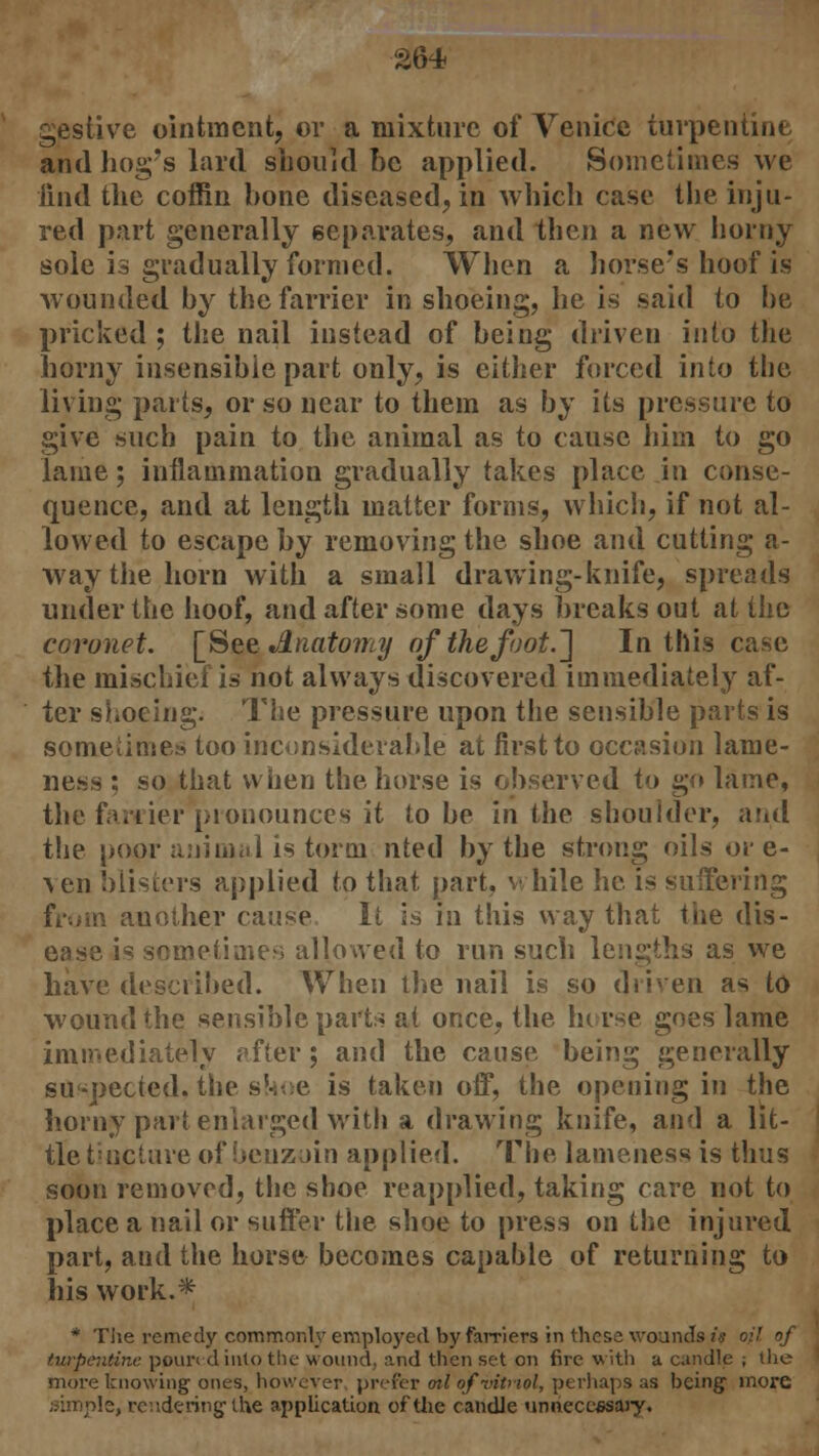 264- gestive ointment, or a mixture of Venice turpentim and hog's lard should he applied. Sometimes we iind the coffin bone diseased, in which case the inju- red part generally separates, and then a new horny sole is gradually formed. When a horse's hoof is wounded by the farrier in shoeing, he is said to he pricked ; the nail instead of being driven into the horny insensible part only, is either forced into the living parts, or so near to them as by its pressure to give such pain to the animal as to cause him to go lame; inflammation gradually takes place in conse- quence, and at length matter forms, which, if not al- lowed to escape by removing the shoe and cutting a- way the horn with a small drawing-knife, spreads under the hoof, and after some days breaks out at the coronet. [See Anatomy of ihefoot.~] In this case the mischief is not always discovered immediately af- ter shoeing. The pressure upon the sensible parts is sometimes too inconsiderable at first to occasion lame- ness : so that when the horse is observed to go lame, the farrier pronounces it to be in the shoulder, and the poor animal is torm nted by the strong oils w e- ven blisters applied to that part, while he is suffering from another cause It is in this way that the dis- ease is sometimes allowed to run such lengths as we have described. When the nail is so driven as to wound the sensible parts at once, the horse goes lame immediately after; and the cause being generally su -peered, the shoe is taken off, the opening in the horny part enlarged with a drawing knife, and a lit- tle tincture of benzoin applied. The lameness is thus soon removed, the shoe reapplied, taking care not to place a nail or suffer the shoe to press on the injured part, and the horse becomes capable of returning to his work.* * The remedy commonly employed by farriers in these wounds is turpentine poun d into tlie wound, and then set on fire with a candle ; the more knowing ones, however, prefer ml of vitriol, perhaps as being more le, rendering the application of the candle unnecessary.