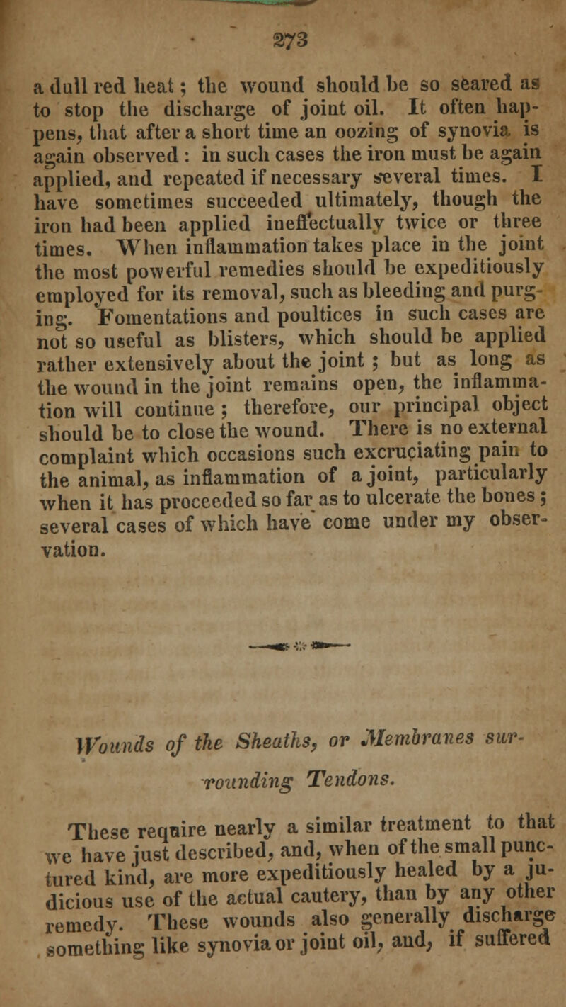 a dull red heat; the wound should be so seared as to stop the discharge of joint oil. It often hap- pens, that after a short time an oozing of synovia is again observed : in such cases the iron must be again applied, and repeated if necessary several times. I have sometimes succeeded ultimately, though the iron had been applied ineffectually twice or three times. When inflammation takes place in the joint the most powerful remedies should be expeditiously employed for its removal, such as bleeding and purg- ing. Fomentations and poultices in such cases are not so useful as blisters, which should be applied rather extensively about the joint ; but as long as the wound in the joint remains open, the inflamma- tion will continue ; therefore, our principal object should be to close the wound. There is no external complaint which occasions such excruciating pain to the animal, as inflammation of a joint, particularly when it has proceeded so far as to ulcerate the bones; several cases of which have come under my obser- vation. Wounds of the Sheaths, or Membranes sur- rounding Tendons. These require nearly a similar treatment to that we have just described, and, when of the small punc- tured kind, are more expeditiously healed by a ju- dicious use of the actual cautery, than by any other remedy. These wounds also generally discharge something like synovia or joint oil, aud, if suffered