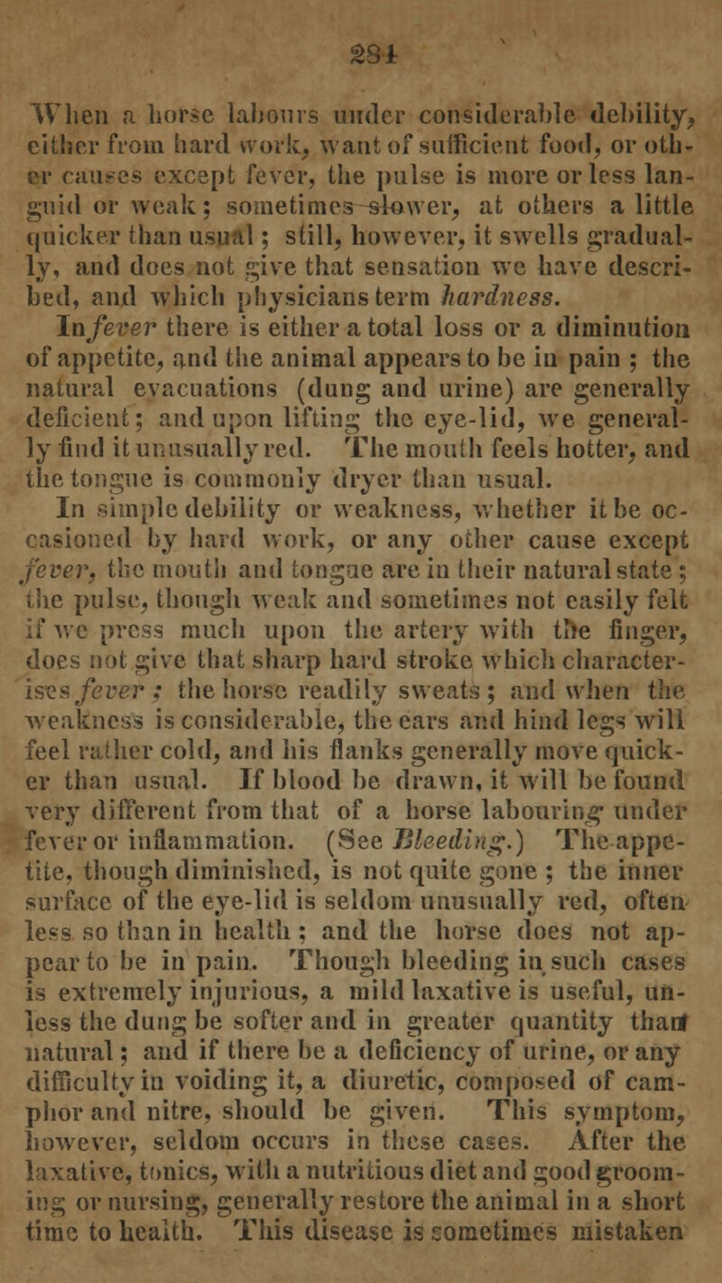 231 When a horse labours under considerable debility, either from hard work, want of sufficient food, or oth- er causes except fever, the pulse is more or less lan- guid or weak; sometimes-slower, at others a little quicker than usual; still, however, it swells gradual- ly, and does not give that sensation we have descri- bed, and which physicians term hardness. In/ever there is either a total loss or a diminution of appetite, and the animal appears to be in pain ; the natural evacuations (dung and urine) are generally deficient; and upon lifting the eye-lid, Ave general- ly find it unusually red. The mouth feels hotter, and the tongue is commonly dryer than usual. In simple debility or weakness, whether it be oc- casioned by hard work, or any other cause except fever, the mouth and tongue are in their natural state; the pulse, though weak and sometimes not easily felt we press much upon the artery with tfte finger, does not give that sharp hard stroke which character- ises fever ; the horse readily sweats; and when the weakness is considerable, the ears and hind legs will feel rather cold, and his flanks generally move quick- er than usual. If blood be drawn, it will be found very different from that of a horse labouring under fever or inflammation. (See Bleeding.) The appe- tite, though diminished, is not quite gone ; the inner surface of the eye-lid is seldom unusually red, often less so than in health ; and the horse does not ap- pear to be in pain. Though bleeding in such cases is extremely injurious, a mild laxative is useful, un- less the dung be softer and in greater quantity thar* natural; and if there be a deficiency of urine, or any difficulty in voiding it, a diuretic, composed of cam- phor and nitre, should be given. This symptom, however, seldom occurs in these cases. After the laxative, tonics, with a nutritious diet and good groom- ing or nursing, generally restore the animal in a short time to health. This disease is sometimes mistaken
