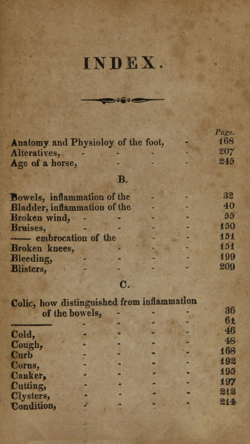 INDEX. >9®9< Anatomy and Pbysioloy of the foot, Alteratives, - - - - Age of a horse, B. Bowels, inflammation of the Bladder, inflammation of the Broken wind, - Bruises, - ■ embrocation of the Broken knees, Bleeding, - Blisters, ? — ,- C. Colic, how distinguished from inflammation of the bowels, Cold, Cough, Curb Corns, Canker, Cutting, Clysters, Condition, '•*_ Page. 168 207 245 32 40 55 150 151 151 199 209 36 6* 46 48 168 193 195 197 212 21*