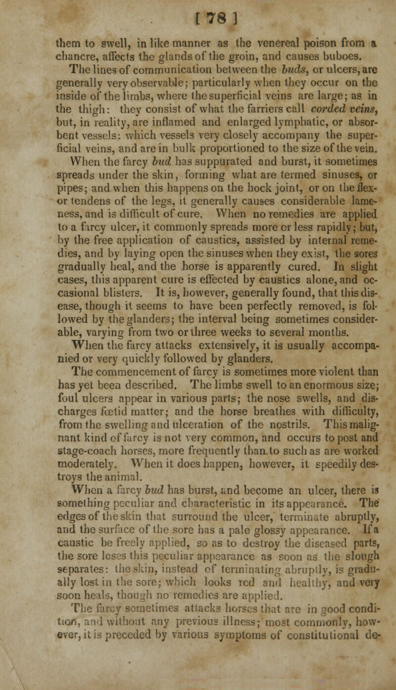 [78] them to swell, in like manner as the venereal poison from & chancre, affects the glands of the groin, and causes buboes. The lines of communication between the buds, or ulcers, are generally very observable; particularly when they occur on the inside of* the limbs, where the superficial veins are large; as in the thigh: they consist of what the farriers call corded veins, but, in reality, are inflamed and enlarged lymphatic, or absor- bent vessels: which vessels very closely accompany the super- ficial veins, and are in bulk proportioned to the size of the vein. When the farcy bud has suppurated and burst, it sometimes spreads under the skin, forming what are termed sinuses, or pipes; and when this happens on the hock joint, or on the flex- or tendens of the legs, it generally causes considerable lame- ness, and is difficult of cure. When no remedies are applied to a fircy ulcer, it commonly spreads more or less rapidly; but, by the free application of caustics, assisted by internal reme- dies, and by laying open the sinuses when they exist, the sores gradually heal, and the horse is apparently cured. In slight cases, this apparent cure is effected by caustics alone, and oc- casional blisters. It is, however, generally found, that this dis- ease, though it seems to have been perfectly removed, is fol- lowed by the glanders; the interval being sometimes consider- able, varying from two or three weeks to several months. When the farcy attacks extensively, it is usually accompa- nied or very quickly followed by glanders. The commencement of farcy is sometimes more violent than has yet been described. The limbs swell to an enormous size; foul ulcers appear in various parts; the nose swells, and dis- charges fetid matter; and the horse breathes with difficulty, from the swelling and ulceration of the nostrils. This malig- nant kind of farcy is not very common, and occurs to post and stage-coach horses, more frequently than.to such as are worked moderately. When it does happen, however, it speedily des- troys the animal. When a farcy bud has burst, and become an ulcer, there is something peculiar and characteristic in its appearance. The edges of the skin that surround the ulcer, terminate abruptly, and the surface of the sore has a pale glossy appearance. If a caustic be freely applied, so as to destroy the diseased parts, the sore loses this peculiar appearance as soon as the slough separates: the skin, instead of terminating abruptly, is gradu- ally lost in the sore; which looks red and healthy, and very soon heals, though no remedies are applied. The farcy sometimes attacks horses that are in good condi- tion, and without any previous illness; most commonly, how- ever, it is preceded by various symptoms of constitutional de-