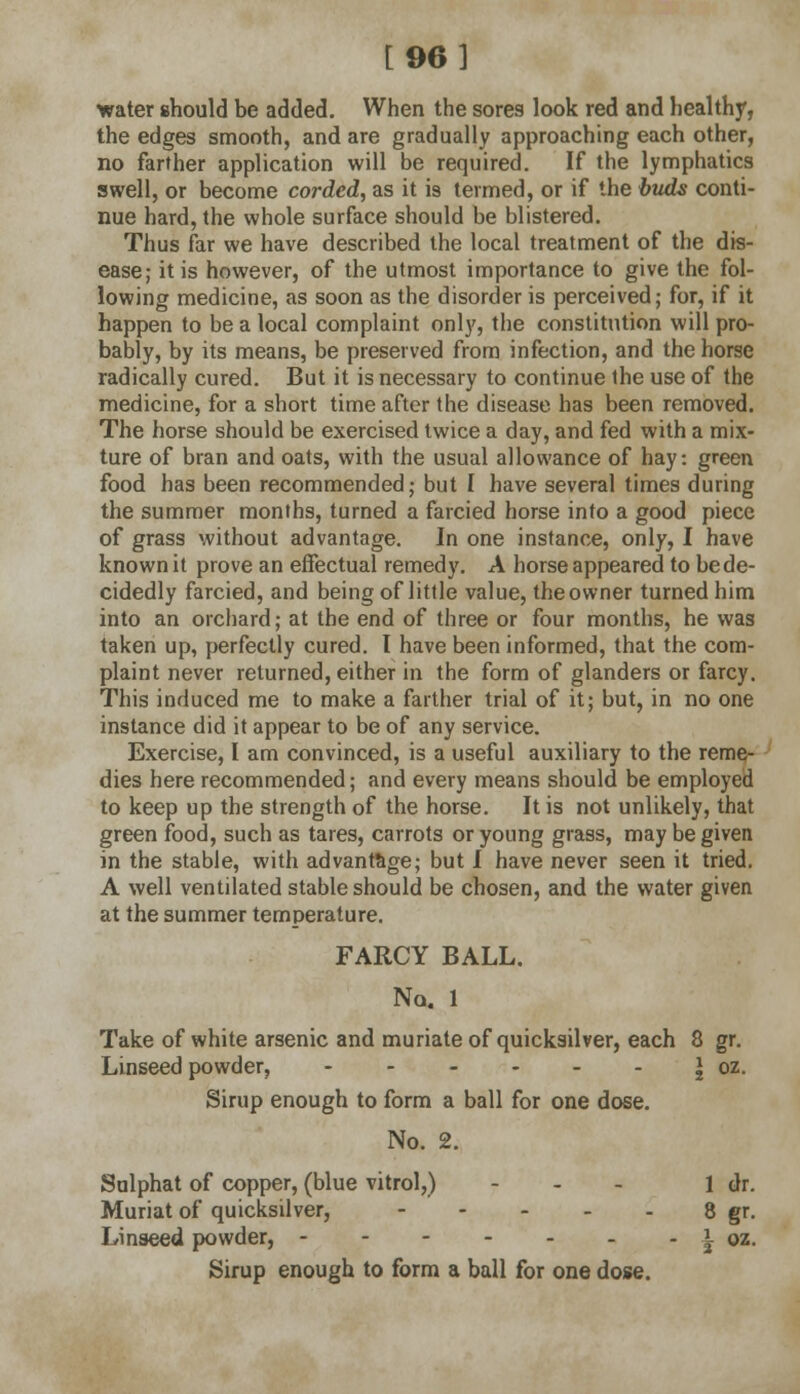 [96] water should be added. When the sores look red and healthy, the edges smooth, and are gradually approaching each other, no farther application will be required. If the lymphatics swell, or become corded, as it is termed, or if the buds conti- nue hard, the whole surface should be blistered. Thus far we have described the local treatment of the dis- ease; it is however, of the utmost importance to give the fol- lowing medicine, as soon as the disorder is perceived; for, if it happen to be a local complaint only, the constitution will pro- bably, by its means, be preserved from infection, and the horse radically cured. But it is necessary to continue the use of the medicine, for a short time after the disease has been removed. The horse should be exercised twice a day, and fed with a mix- ture of bran and oats, with the usual allowance of hay: green food has been recommended; but I have several times during the summer months, turned a farcied horse into a good piece of grass without advantage. In one instance, only, I have known it prove an effectual remedy. A horse appeared to be de- cidedly farcied, and being of little value, the owner turned him into an orchard; at the end of three or four months, he was taken up, perfectly cured. I have been informed, that the com- plaint never returned, either in the form of glanders or farcy. This induced me to make a farther trial of it; but, in no one instance did it appear to be of any service. Exercise, I am convinced, is a useful auxiliary to the reme- dies here recommended; and every means should be employed to keep up the strength of the horse. It is not unlikely, that green food, such as tares, carrots or young grass, may be given in the stable, with advantage; but I have never seen it tried. A well ventilated stable should be chosen, and the water given at the summer temperature. FARCY BALL. No. 1 Take of white arsenic and muriate of quicksilver, each 8 gr. Linseed powder, \ oz. Sirup enough to form a ball for one dose. No. 2. Sulphat of copper, (blue vitrol,) ... 1 dr. Muriat of quicksilver, 8 gr. Linseed powder, i oz. Sirup enough to form a ball for one dose.