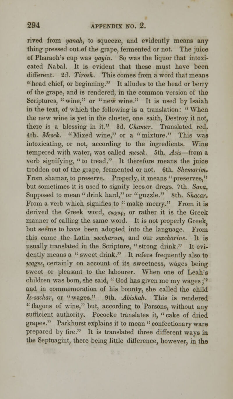 rived from yanah, to squeeze, and evidently means any thing pressed out of the grape, fermented or not. The juice of Pharaoh's cup was yayin. So was the liquor that intoxi- cated Nabal. It is evident that these must have been different. 2d. Tirosh. This comes from a word that meana head chief, or beginning. It alludes to the head or berry of the grape, and is rendered, in the common version of the Scriptures, wine, or new wine. It is used by Isaiah in the text, of which the following is a translation:  When the new wine is yet in the cluster, one saith, Destroy it not, there is a blessing in it. 3d. Chamer. Translated red. 4th. Mesek. Mixed wine, or a mixture. This was intoxicating, or not, according to the ingredients. Wine tempered with water, was called mesek. 5th. Asis—from a verb signifying,  to tread. It therefore means the juice trodden out of the grape, fermented or not. 6th. Shcmarim. From shamar, to preserve. Properly, it means preserves, but sometimes it is used to signify lees or dregs. 7th. Sava. Supposed to mean drink hard, or guzzle. 8th. Shacar. From a verb which signifies to  make merry. From it is derived the Greek word, aaxap, or rather it is the Greek manner of calling the same word. It is not properly Greek but seems to have been adopted into the language. From this came the Latin saccharum, and our saccharine. It is usually translated in the Scripture, strong drink. It evi- dently means a  sweet drink. It refers frequently also to wages, certainly on account of its sweetness, wages being sweet or pleasant to the labourer. When one of Leah's children was born, she said,  God has given me my wages ;** and in commemoration of his bounty, she called the child Is-sachar, or wages. 9th. Abishah. This is rendered flagons of wine, but, according to Parsons, without any sufficient authority. Pococke translates it, cake of dried grapes. Parkhurst explains it to mean  confectionary ware prepared by fire. It is translated three different ways in the Septuagint, there being little difference, however, in the