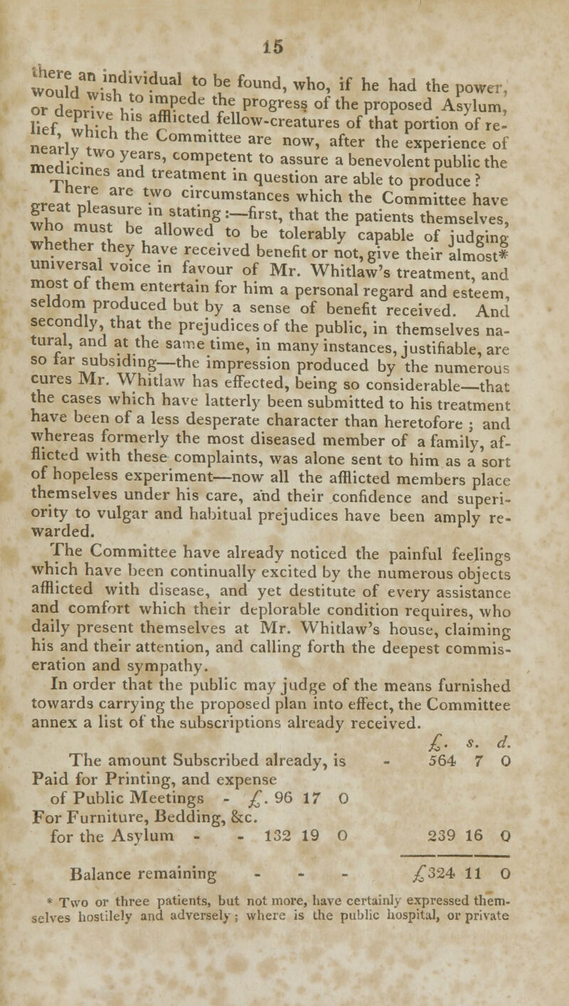 wontl «-irl V,?Ual f° be found' who' if h« had the power, would wish to impede the progress of the proposed Asylum lief ThWlhLS fiCted fellow-creaiures </*.? portion of £ near Jt Committee are now, after the experience of Si yTS' tomPetent to assure a benevolent public the medicines and treatment in question are able to produce ? J,,/,6 are two ci^umstances which the Committee have who Z»Tr m11statinS:-fir^, that the patients themselves, T' nl be allowed to be tolerably capable of judging whether they have received benefit or not, give their almost* universal voice in favour of Mr. Whitlaw's treatment, and most ot them entertain for him a personal regard and esteem, seldom produced but by a sense of benefit received. And secondly that the prejudices of the public, in themselves na- tural, and at the same time, in many instances, justifiable, are so tar subsiding—the impression produced by the numerous cures Mr. Whitlaw has effected, being so considerable—that the cases which have latterly been submitted to his treatment have been of a less desperate character than heretofore ; and whereas formerly the most diseased member of a family, af- flicted with these complaints, was alone sent to him as a sort of hopeless experiment—now all the afflicted members place themselves under his care, and their confidence and superi- ority to vulgar and habitual prejudices have been amply re- warded. The Committee have already noticed the painful feelings which have been continually excited by the numerous objects afflicted with disease, and yet destitute of every assistance and comfort which their deplorable condition requires, who daily present themselves at Mr. Whitlaw's house, claiming his and their attention, and calling forth the deepest commis- eration and sympathy. In order that the public may judge of the means furnished towards carrying the proposed plan into effect, the Committee annex a list of the subscriptions already received. £. s. d. The amount Subscribed already, is - 564 7 0 Paid for Printing, and expense of Public Meetings - £.96 17 0 For Furniture, Bedding, &c. for the Asylum - - 132 19 0 239 16 0 Balance remaining - £324 11 O * Two or three patients, but not more, have certainly expressed them- selves hostilely and adversely; where is the public hospital, or private