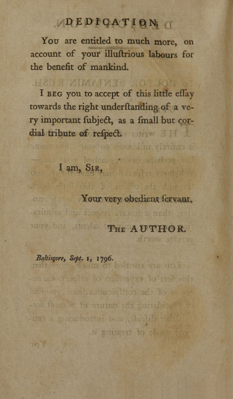 DEDfQATlQN, You are entitled to much more, on account of your illuftrious labours for the benefit of mankind. I BEG you to accept of this little efTay towards the right underftanding of a ve- ry important fubject, as a fmall but cor- dial tribute of refpedl. I am, Sir, Your very obedient fervaat, The AUTHOR. Baltimore, Sept. I, 1796.