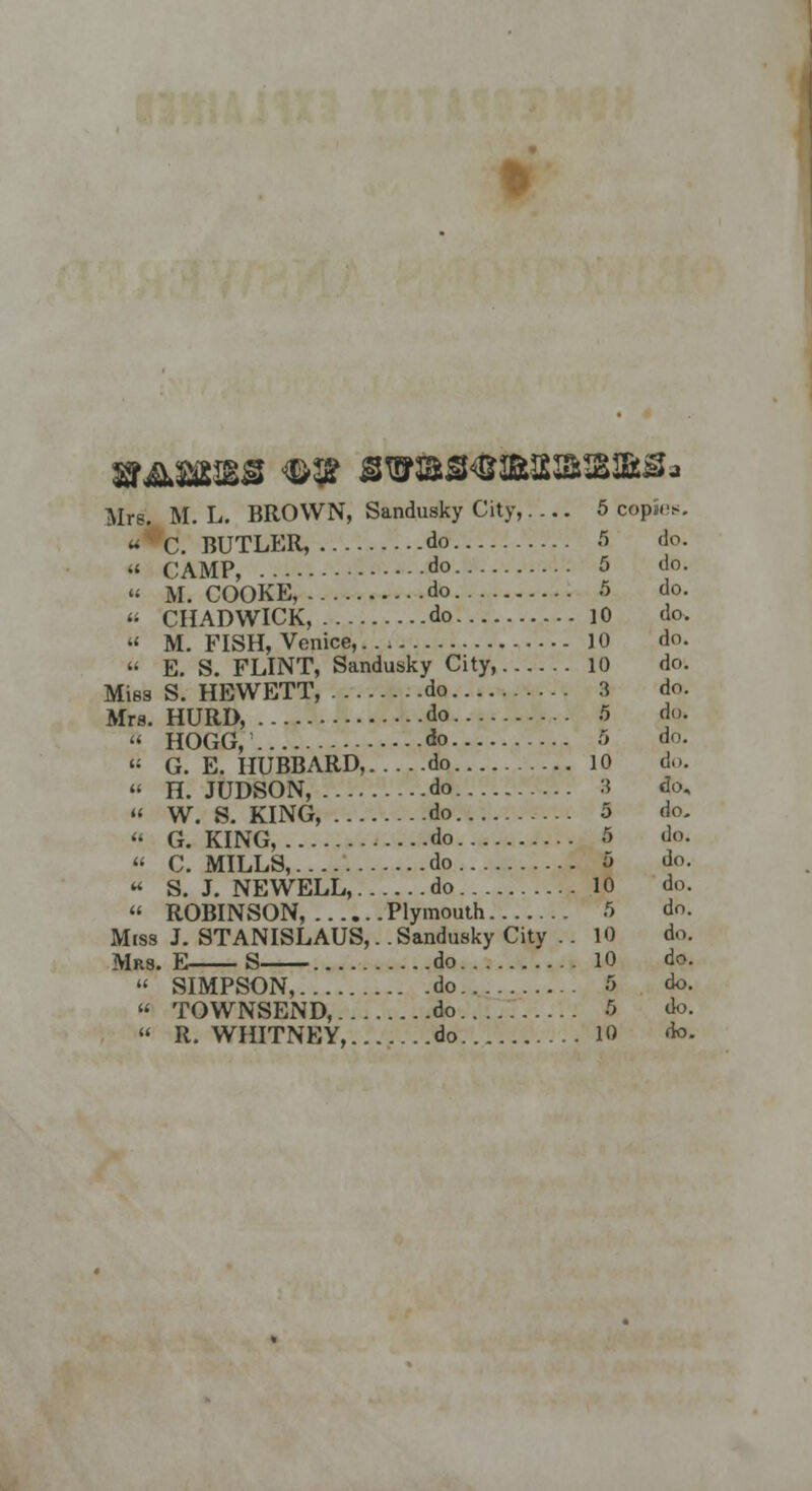 Mrs. M. L. BROWN, Sandusky City,.... 5 copies. « ' C. BUTLER, do 5 do. « CAMP, do 5 do. « M.COOKE, do 5 do. « CHADWICK, do 10 do. « M. FISH, Venice, 10 do.  E. S. FLINT, Sandusky City, 10 do. Miss S. HEWETT, do 3 do. Mrs. HURD, do 5 do.  HOGG, do 5 do.  G.E.HUBBARD, do 10 do.  H. JUDSON, do 3 do,  W. S. KING, do 5 do.  G. KING, do 5 do. » C.MILLS,.... do o do.  S. J. NEWELL, do 10 do.  ROBINSON, Plymouth f> do. Mrss J. STANISLAUS,. .Sandusky City .. 10 do. Mrs. E S do 10 do.  SIMPSON, do 5 do.  TOWNSEND, do 5 do.