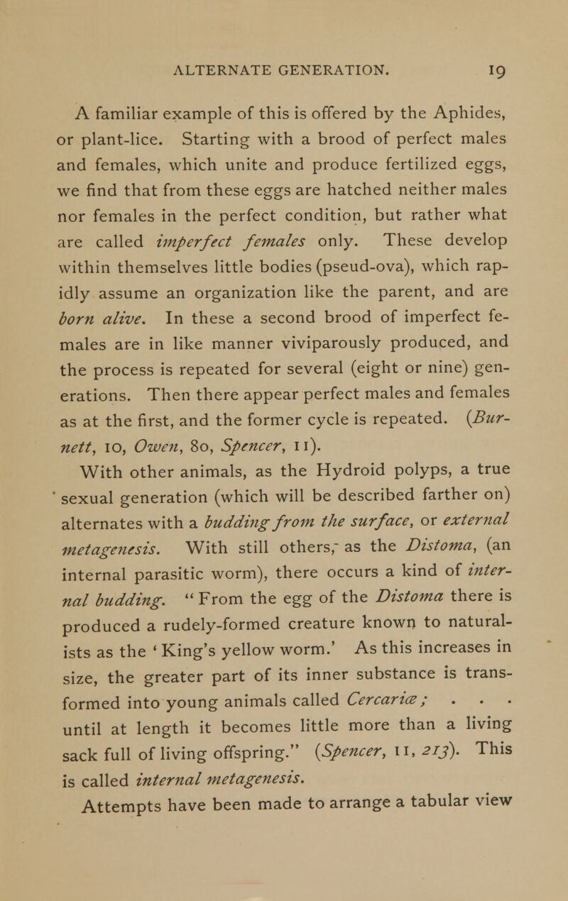 A familiar example of this is offered by the Aphides, or plant-lice. Starting with a brood of perfect males and females, which unite and produce fertilized eggs, we find that from these eggs are hatched neither males nor females in the perfect condition, but rather what are called imperfect females only. These develop within themselves little bodies (pseud-ova), which rap- idly assume an organization like the parent, and are born alive. In these a second brood of imperfect fe- males are in like manner viviparously produced, and the process is repeated for several (eight or nine) gen- erations. Then there appear perfect males and females as at the first, and the former cycle is repeated. {Bur- nett, 10, Owen, 80, Spencer, ii). With other animals, as the Hydroid polyps, a true sexual generation (which will be described farther on) alternates with a budding from the surface, or external metagenesis. With still others, as the Distoma, (an internal parasitic worm), there occurs a kind of inter- nal budding.  From the egg of the Distoma there is produced a rudely-formed creature known to natural- ists as the ' King's yellow worm.' As this increases in size, the greater part of its inner substance is trans- formed into young animals called 6Vr<:^rz>; . . . until at length it becomes little more than a living sack full of living offspring. {Spencer, 11. 213). This is called internal metagenesis. Attempts have been made to arrange a tabular view