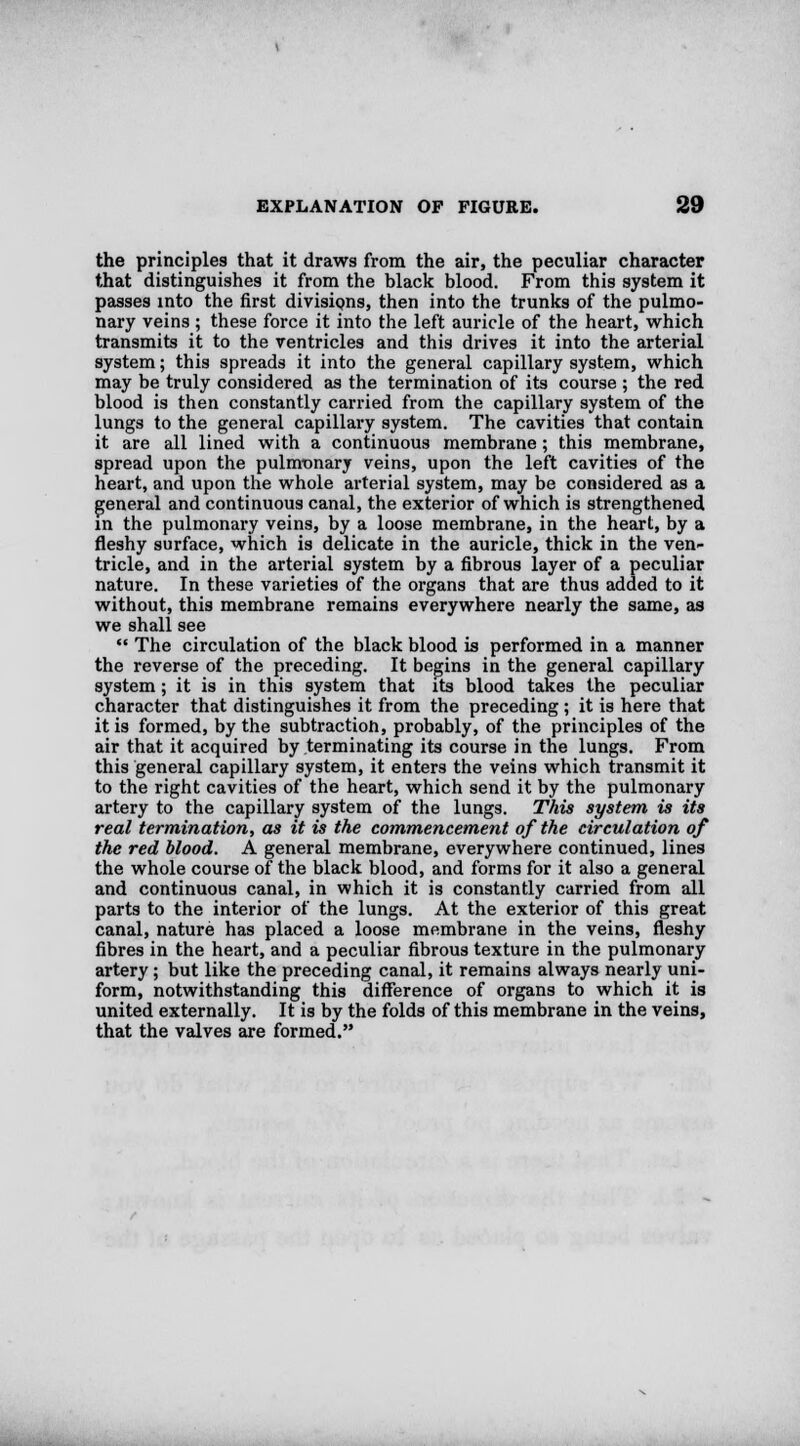 the principles that it draws from the air, the peculiar character that distinguishes it from the black blood. From this system it passes into the first divisions, then into the trunks of the pulmo- nary veins; these force it into the left auricle of the heart, which transmits it to the ventricles and this drives it into the arterial system; this spreads it into the general capillary system, which may be truly considered as the termination of its course ; the red blood is then constantly carried from the capillary system of the lungs to the general capillary system. The cavities that contain it are all lined with a continuous membrane; this membrane, spread upon the pulmonary veins, upon the left cavities of the heart, and upon the whole arterial system, may be considered as a general and continuous canal, the exterior of which is strengthened in the pulmonary veins, by a loose membrane, in the heart, by a fleshy surface, which is delicate in the auricle, thick in the ven- tricle, and in the arterial system by a fibrous layer of a peculiar nature. In these varieties of the organs that are thus added to it without, this membrane remains everywhere nearly the same, as we shall see  The circulation of the black blood is performed in a manner the reverse of the preceding. It begins in the general capillary system; it is in this system that its blood takes the peculiar character that distinguishes it from the preceding ; it is here that it is formed, by the subtraction, probably, of the principles of the air that it acquired by terminating its course in the lungs. From this general capillary system, it enters the veins which transmit it to the right cavities of the heart, which send it by the pulmonary artery to the capillary system of the lungs. This system, is its real termination, as it is the commencement of the circulation of the red blood. A general membrane, everywhere continued, lines the whole course of the black blood, and forms for it also a general and continuous canal, in which it is constantly carried from all parts to the interior of the lungs. At the exterior of this great canal, nature has placed a loose membrane in the veins, fleshy fibres in the heart, and a peculiar fibrous texture in the pulmonary artery; but like the preceding canal, it remains always nearly uni- form, notwithstanding this difference of organs to which it is united externally. It is by the folds of this membrane in the veins, that the valves are formed.