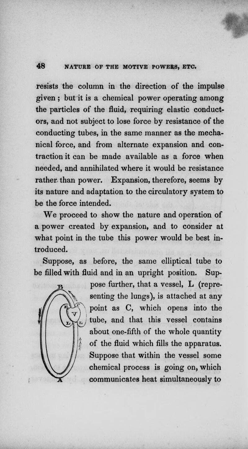 resists the column in the direction of the impulse given ; but it is a chemical power operating among the particles of the fluid, requiring elastic conduct- ors, and not subject to lose force by resistance of the conducting tubes, in the same manner as the mecha- nical force, and from alternate expansion and con- traction it can be made available as a force when needed, and annihilated where it would be resistance rather than power. Expansion, therefore, seems by its nature and adaptation to the circulatory system to be the force intended. We proceed to show the nature and operation of a power created by expansion, and to consider at what point in the tube this power would be best in- troduced. Suppose, as before, the same elliptical tube to be filled with fluid and in an upright position. Sup- pose further, that a vessel, L (repre- senting the lungs), is attached at any point as C, which opens into the 1/ I IT] I Jfl | xvhfal tube* and that this vessel contains about one-fifth of the whole quantity of the fluid which fills the apparatus. Suppose that within the vessel some chemical process is going on, which communicates heat simultaneously to