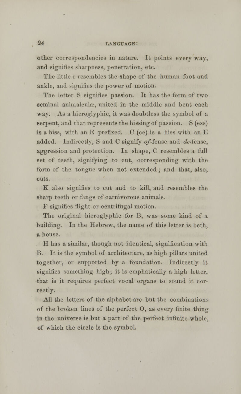 other correspondencies in nature. It points every way, and signifies sharpness, penetration, etc. The little r resembles the shape of the human foot and ankle, and signifies the power of motion. The letter S signifies passion. It has the form of two seminal animalcuhe, united in the middle and bent each way. As a hieroglyphic, it was doubtless the symbol of a serpent, and that represents the hissing of passion. S (ess) is a hiss, with an E prefixed. C (ce) is a hiss with an E added. Indirectly, S and C signify of-fense and cfe-fense, aggression and protection. In shape, C resembles a full set of teeth, signifying to cut, corresponding with the form of the tongue when not extended ; and that, also, cuts. K also signifies to cut and to kill, and resembles the sharp teeth or fangs of carnivorous animals. F signifies flight or centrifugal motion. The original hieroglyphic for B, was some kind of a building. In the Hebrew, the name of this letter is beth, a house. II has a similar, though not identical, signification with B. It is the symbol of architecture, as high pillars united together, or supported by a foundation. Indirectly it signifies something high; it is emphatically a high letter, that is it requires perfect vocal organs to sound it cor- rectly. All the letters of the alphabet are but the combinations of the broken lines of the perfect O, as every finite thing in the universe is but a part of the perfect infinite whole, of which the circle is the symbol.