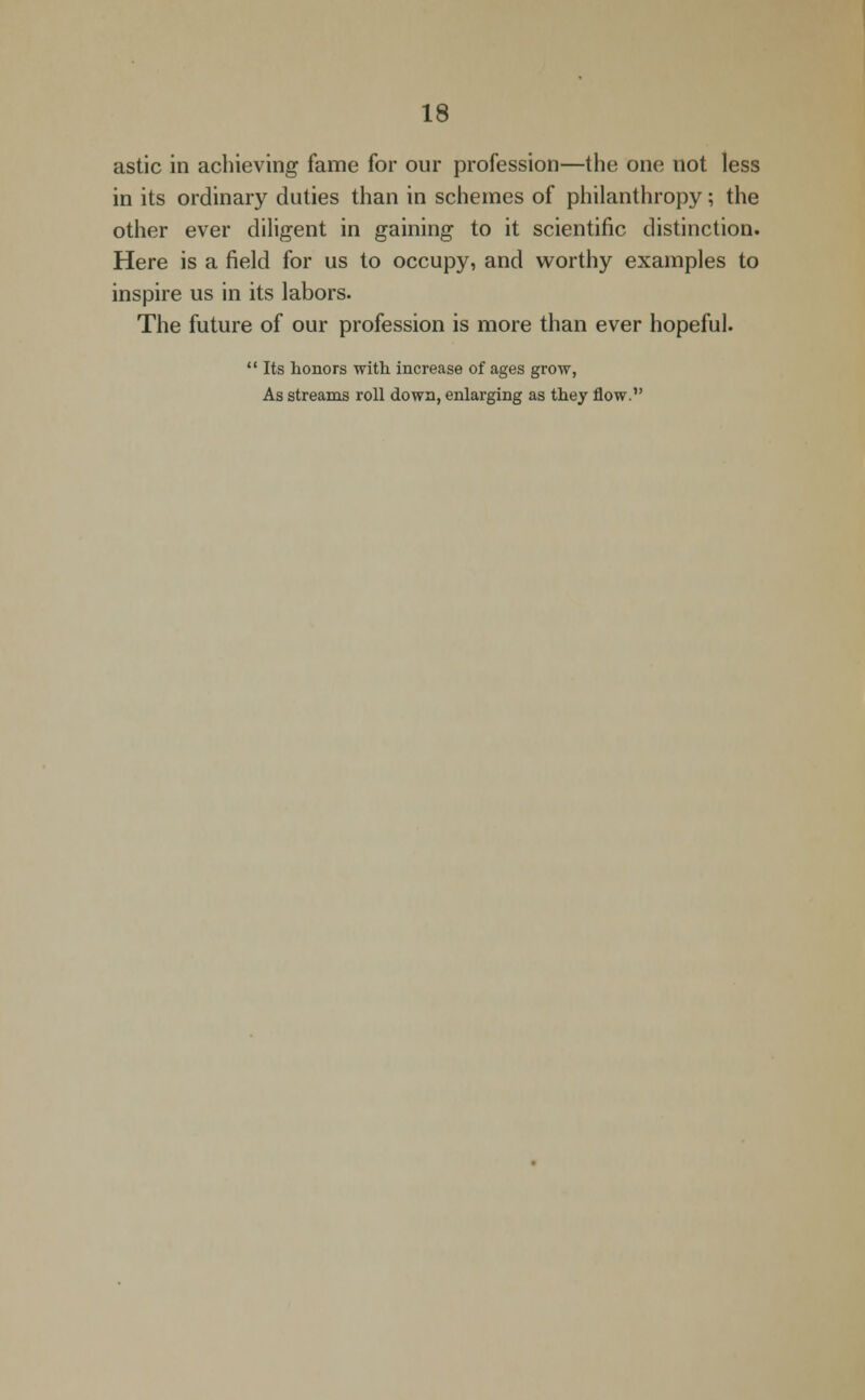 astic in achieving fame for our profession—the one not less in its ordinary duties than in schemes of philanthropy; the other ever diligent in gaining to it scientific distinction. Here is a field for us to occupy, and worthy examples to inspire us in its labors. The future of our profession is more than ever hopeful.  Its honors with increase of ages grow, As streams roll down, enlarging as they flow.