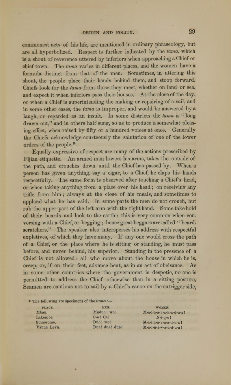 commonest acts of his life, are mentioned in ordinary phraseology, but are all hyperbolized. Respect is further indicated by the tama, which is a shout of reverence uttered by inferiors when approaching a Chief or chief town. The tama varies in different places, and the women have a formula distinct from that of the men. Sometimes, in uttering this shout, the people place their hands behind them, and stoop forward. Chiefs look for the tama from those they meet, whether on land or sea, and expect it when inferiors pass their houses. At the close of the day, or when a Chief is superintending the making or repairing of a sail, and in some other cases, the tama is improper, and would be answered by a laugh, or regarded as an insult. In some districts the tama is  long drawn out, and in others half sung, so as to produce a somewhat pleas- ing effect, when raised by fifty or a hundred voices at once. Generally the Chiefs acknowledge courteously the salutation of one of the lower orders of the people.* Equally expressive of respect are many of the actions prescribed by Fijian etiquette. An armed man lowers his arms, takes the outside of the path, and crouches down until the Chief has passed by. When a person has given anything, say a cigar, to a Chief, he claps his hands respectfully. The same form is observed after touching a Chiefs head, or when taking anything from a place over his head ; on receiving any trifle from him; always at the close of his meals, and sometimes to applaud what he has said. In some parts the men do not crouch, but rub the upper part of the left arm with the right hand. Some take hold of their beards and look to the earth : this is very common when con- versing with a Chief, or begging ; hence great beggars are called  beard- scratchers. The speaker also intersperses his address with respectful expletives, of which they have many. If any one would cross the path of a Chief, or the place where he is sitting or standing, he must pass before, and never behind, his superior. Standing in the presence of a Chief is not allowed: all who move about the house in which he is, creep, or, if on their feet, advance bent, as in an act of obeisance. As in some other countries where the government is despotic, no one is permitted to address the Chief otherwise than in a sitting posture. Seamen are cautious not to sail by a Chief's canoe on the outrigger side, * The following are specimens of the lama :— PLACE. MEN. 'WOMEN. Mbau. Muduo! wo 1 M-a-i-n-a-v-a-k-a-d-u-a! Lakemba. O-ol Oal N-i-q-ol Somosomo. Duo 1 wo I M-a-i-n-a-v-a-a-d-n-a ! Vanua Leva. Dua! dual dual M-a-i-n-a-v-a-a-d-u-a I