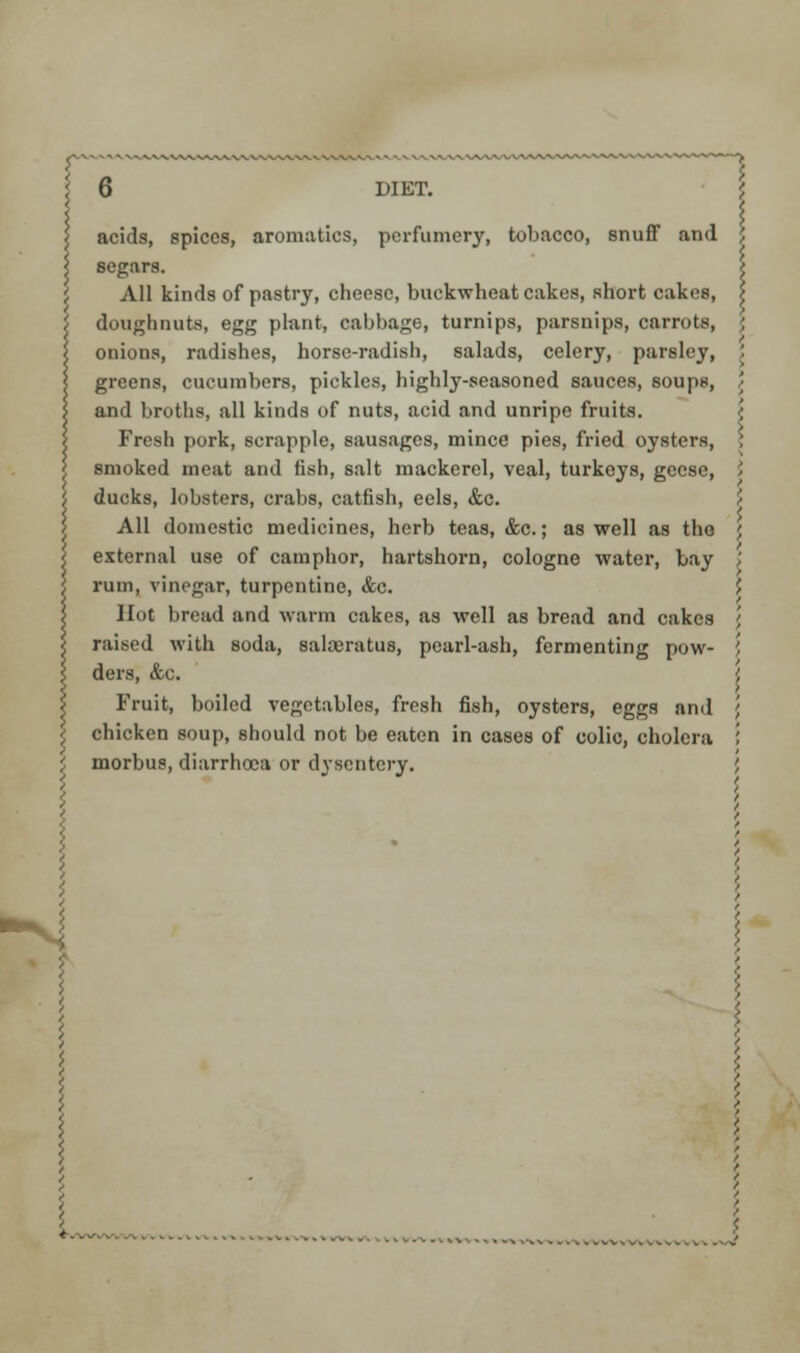 acids, spices, aromatics, perfumery, tobacco, snuff and ; segars. \ All kinds of pastry, cheese, buckwheat cakes, short cakes, \ doughnuts, egg plant, cabbage, turnips, parsnips, carrots, ; onions, radishes, horse-radish, salads, celery, parsley, greens, cucumbers, pickles, highly-seasoned sauces, soups, / and broths, all kinds of nuts, acid and unripe fruits. Fresh pork, scrapple, sausages, mince pies, fried oysters, smoked meat and fish, salt mackerel, veal, turkeys, geese, : ducks, lobsters, crabs, catfish, eels, &c. All domestic medicines, herb teas, &c.; as well as the \ external use of camphor, hartshorn, cologne water, bay rum, vinegar, turpentine, &c. \ Hot bread and warm cakes, as well as bread and cakes \ raised with soda, saloeratus, pearl-ash, fermenting pow- '' ders, &c. \ Fruit, boiled vegetables, fresh fish, oysters, eggs and \ chicken soup, should not be eaten in cases of colic, cholera :' morbus, diarrhoea or dysentery. ',