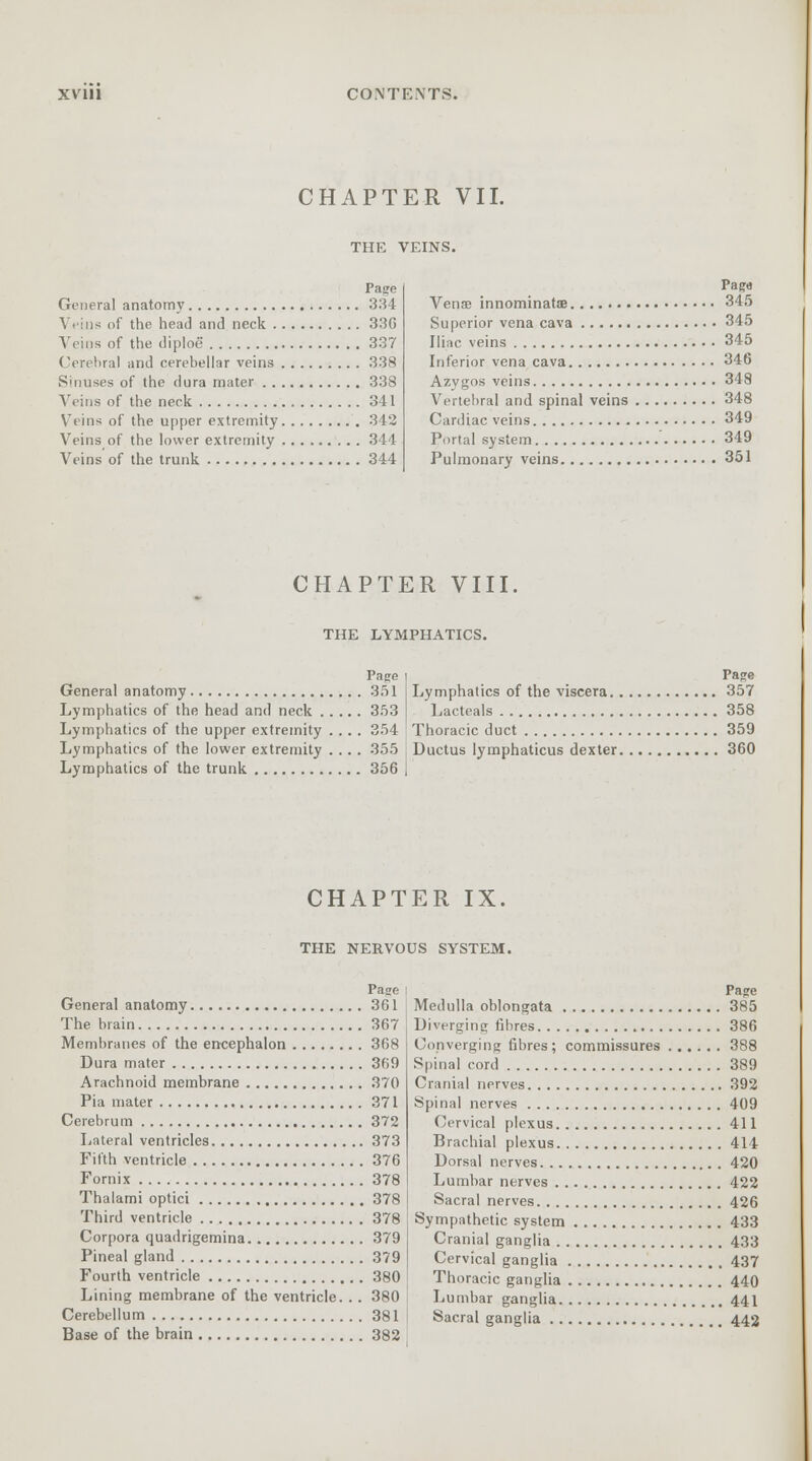 CHAPTER VII. THE VEINS. Pajre General anatomy 334 Veins of the head and neck 33G Veins of the diploe 337 Cerebral and cerebellar veins 338 Sinuses of the dura mater 338 Veins of the neck 341 Veins of the upper extremity 342 Veins of the lower extremity 344 Veins of the trunk 344 Papa Vena? innominatse 345 Superior vena cava 345 Iliac veins 345 Inferior vena cava 346 Azygos veins 348 Vertebral and spinal veins 348 Cardiac veins 349 Portal system 349 Pulmonary veins 351 CHAPTER VIII THE LYMPHATICS. Page General anatomy 351 Lymphatics of the head and neck 353 Lymphatics of the upper extremity .... 354 Lymphatics of the lower extremity .... 355 I Ductus lymphaticus dexter Lymphatics of the trunk 356 | Page Lymphatics of the viscera 357 Lacteals 358 Thoracic duct 359 360 CHAPTER IX. THE NERVOUS SYSTEM. Pace General anatomy 361 The brain 367 Membranes of the encephalon 368 Dura mater 369 Arachnoid membrane 370 Pia mater 371 Cerebrum 372 Lateral ventricles 373 Fifth ventricle 376 Fornix 378 Thalami optici 378 Third ventricle 378 Corpora quadrigemina 379 Pineal gland 379 Fourth ventricle 380 Lining membrane of the ventricle. . . 380 Cerebellum 381 Base of the brain 382 Page Medulla oblongata 385 Diverging fibres 386 Converging fibres; commissures 388 Spinal cord 389 Cranial nerves 392 Spinal nerves 409 Cervical plexus 411 Brachial plexus 414 Dorsal nerves 420 Lumbar nerves 422 Sacral nerves 426 Sympathetic system 433 Cranial ganglia 433 Cervical ganglia 437 Thoracic ganglia 440 Lumbar ganglia 441 Sacral ganglia 442