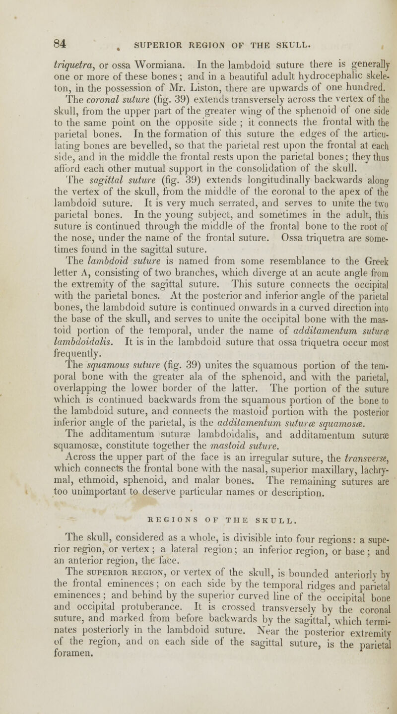 triquetra, or ossa Wormiana. In the lambdoid suture there is generally one or more of these bones; and in a beautiful adult hydrocephalic skele- ton, in the possession of Mr. Liston, there are upwards of one hundred. The coronal suture (fig. 39) extends transversely across the vertex of the skull, from the upper part of the greater wing of the sphenoid of one side to the same point on the opposite side ; it connects the frontal with the parietal bones. In the formation of this suture the edges of the articu- lating bones are bevelled, so that the parietal rest upon the frontal at each side, and in the middle the frontal rests upon the parietal bones; they thus afford each other mutual support in the consolidation of the skull. The sagittal suture (fig. 39) extends longitudinally backwards along the vertex of the skull, from the middle of the coronal to the apex of the lambdoid suture. It is very much serrated, and serves to unite the two parietal bones. In the young subject, and sometimes in the adult, this suture is continued through the middle of the frontal bone to the root of the nose, under the name of the frontal suture. Ossa triquetra are some- times found in the sagittal suture. The lambdoid suture is named from some resemblance to the Greek letter A, consisting of two branches, which diverge at an acute angle from the extremity of the sagittal suture. This suture connects the occipital with the parietal bones. At the posterior and inferior angle of the parietal bones, the lambdoid suture is continued onwards in a curved direction into the base of the skull, and serves to unite the occipital bone with the mas- toid portion of the temporal, under the name of additamentum sutum lambdoidalis. It is in the lambdoid suture that ossa triquetra occur most frequently. The squamous suture (fig. 39) unites the squamous portion of the tem- poral bone with the greater ala of the sphenoid, and with the parietal, overlapping the lower border of the latter. The portion of the suture which is continued backwards from the squamous portion of the bone to the lambdoid suture, and connects the mastoid portion with the posterior inferior angle of the parietal, is the additamentum suturce squamosa. The additamentum suturae lambdoidalis, and additamentum suume squamosae, constitute together the mastoid suture. Across the upper part of the face is an irregular suture, the transverse, which connects the frontal bone with the nasal, superior maxillary, lachry- mal, ethmoid, sphenoid, and malar bones. The remaining sutures are too unimportant to deserve particular names or description. EEGIONS OF THE SKULL. The skull, considered as a whole, is divisible into four regions: a supe- rior region, or vertex ; a lateral region; an inferior region, or base ; and an anterior region, the face. The superior region, or vertex of the skull, is bounded anteriorly by the frontal eminences; on each side by the temporal ridges and parietal eminences; and behind by the superior curved line of the occipital bone and occipital protuberance. It is crossed transversely by the coronal suture, and marked from before backwards by the sagittal, which termi- nates posteriorly in the lambdoid suture. Near the posterior extremity of the region, and on each side of the sagittal suture, is the parietal foramen.