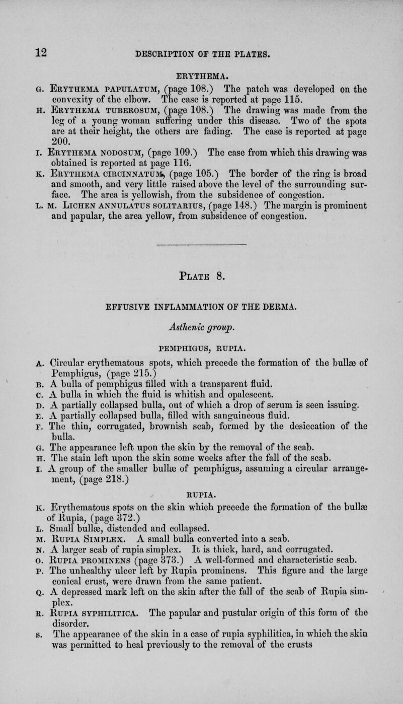 ERYTHEMA. G. Erythema papulatum, (page 108.) The patch was developed on the convexity of the elbow. The case is reported at page 115. H. Erythema tuberosum, (page 108.) The drawing was made from the leg of a young woman suffering under this disease. Two of the spots are at their height, the others are fading. The case is reported at page 200. I. Erythema nodosum, (page 109.) The case from which this drawing was obtained is reported at page 116. k. Erythema ctrcinnatum*, (page 105.) The border of the ring is broad and smooth, and very little raised above the level of the surrounding sur- face. The area is yellowish, from the subsidence of congestion. l. m. Lichen annulatus solitarius, (page 148.) The margin is prominent and papular, the area yellow, from subsidence of congestion. Plate 8. effusive inflammation of the derma. Asthenic group. pemphigus, rupia. A. Circular erythematous spots, which precede the formation of the bullae of Pemphigus, (page 215.) B. A bulla of pemphigus filled with a transparent fluid. C. A bulla in which the fluid is whitish and opalescent. D. A partially collapsed bulla, out of which a drop of serum is seen issuing. E. A partially collapsed bulla, filled with sanguineous fluid. p. The thin, corrugated, brownish scab, formed by the desiccation of the bulla. G. The appearance left upon the skin by the removal of the scab. h. The stain left upon the skin some weeks after the fall of the scab. I. A group of the smaller bullae of pemphigus, assuming a circular arrange- ment, (page 218.) RUPIA. K. Erythematous spots on the skin which precede the formation of the bullae of Rupia, (page 372.) L. Small bullae, distended and collapsed. m. Rupia Simplex. A small bulla converted into a scab. N. A larger scab of rupia simplex. It is thick, hard, and corrugated. o. Rupia prominens (page 373.) A well-formed and characteristic scab. P. The unhealthy ulcer left by Rupia prominens. This figure and the large conical crust, were drawn from the same patient. Q. A depressed mark left on the skin after the fall of the scab of Rupia sim- plex. R. Rupia syphilitica. The papular and pustular origin of this form of the disorder. s. The appearance of the skin in a case of rupia syphilitica, in which the skin was permitted to heal previously to the removal of the crusts