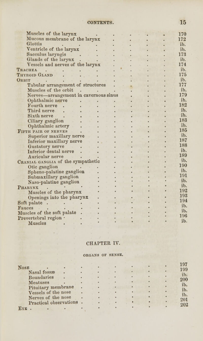 Muscles of the larynx Mucous membrane of the larynx Glottis Ventricle of the larynx Sacculus laryngis Glands of the larynx . Vessels and nerves of the larynx Trachea .... Thyroid Gland Orbit .... Tabular arrangement of structures Muscles of the orbit Nerves—arrangement in cavernous sinus Ophthalmic nerve Fourth nerve Third nerve Sixth nerve . . Ciliary ganglion Ophthalmic artery Fifth pair of nerves Superior maxillary nerve Inferior maxillary nerve Gustatory nerve Inferior dental nerve Auricular nerve Cranial ganglia of the sympathetic Otic ganglion Spheno-palatine ganglion Submaxillary ganglion Naso-palatine ganglion Pharynx Muscles of the pharynx Openings into the pharynx Soft palate . Fauces Muscles of the soft palate Prevertebral region • Muscle3 CHAPTER IV. ORGANS OF SENSE. Nose Nasal fossae Boundaries Meatuses Pituitary membrane Vessels of the nose Nerves of the nose Practical observations Eye .