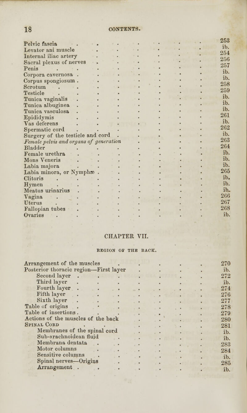 Pelvic fascia Levator ani muscle Internal iliac artery Sacral plexus of ner Penis Corpora cavernosa Corpus spongiosum Scrotum Testicle Tunica vaginalis Tunica albuginea Tunica vasculosa Epididymis Vas deferens Spermatic cord Surgery of the testicle and cord Female pelvis and organs of generation Bladder Female urethra Mons Veneris Labia majora Labia minora, or Nymphre Clitoris Hymen Meatus urinarius Vagina Uterus Fallopian tubes Ovaries CHAPTER VII. REGION 01 THE BACK. Arrangement of the muscles Posterior thoracic region—First layer Second layer Third layer Fourth layer Fifth layer Sixth layer Table of origins Table of insertions Actions of the muscles of the back Spinal Cord Membranes of the spinal cord Sub-arachnoidean fluid Membrana dentata Motor columns Sensitive columns Spinal nerves—Origins Arrangement .