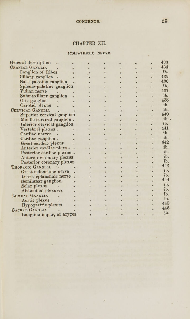 CHAPTER XII. SYMPATHETIC NERVE. General description Cranial Ganglia Ganglion of Ribes Ciliary ganglion . Naso-palatine ganglion Spheno-palatine ganglion Vidian nerve Submaxillary ganglion Otic ganglion Carotid plexus Cervical Ganglia Superior cervical ganglion Middle cervical ganglion Inferior cervical ganglion Vertebral plexus . Cardiac nerves Cardiac ganglion . Great cardiac plexus Anterior cardiac plexus Posterior cardiac plexus Anterior coronary plexus Posterior coronary plexus Thoracic Ganglia Great splanchnic nerve Lesser splanchnic nerve Semilunar ganglion Solar plexus Abdominal plexuses Lumrar Ganglia Aortic plexns Hypogastric plexus Sacral Ganglia Ganglion impar, or azygos 433 434 ib. 435 436 ib. 437 ib. 438 ib. ib. 440 ib./ ib. 441 ib. ib. 442 ib. ib. ib. ib. 443 ib. ib. 444 ib. ib. ib. ib. 445 445