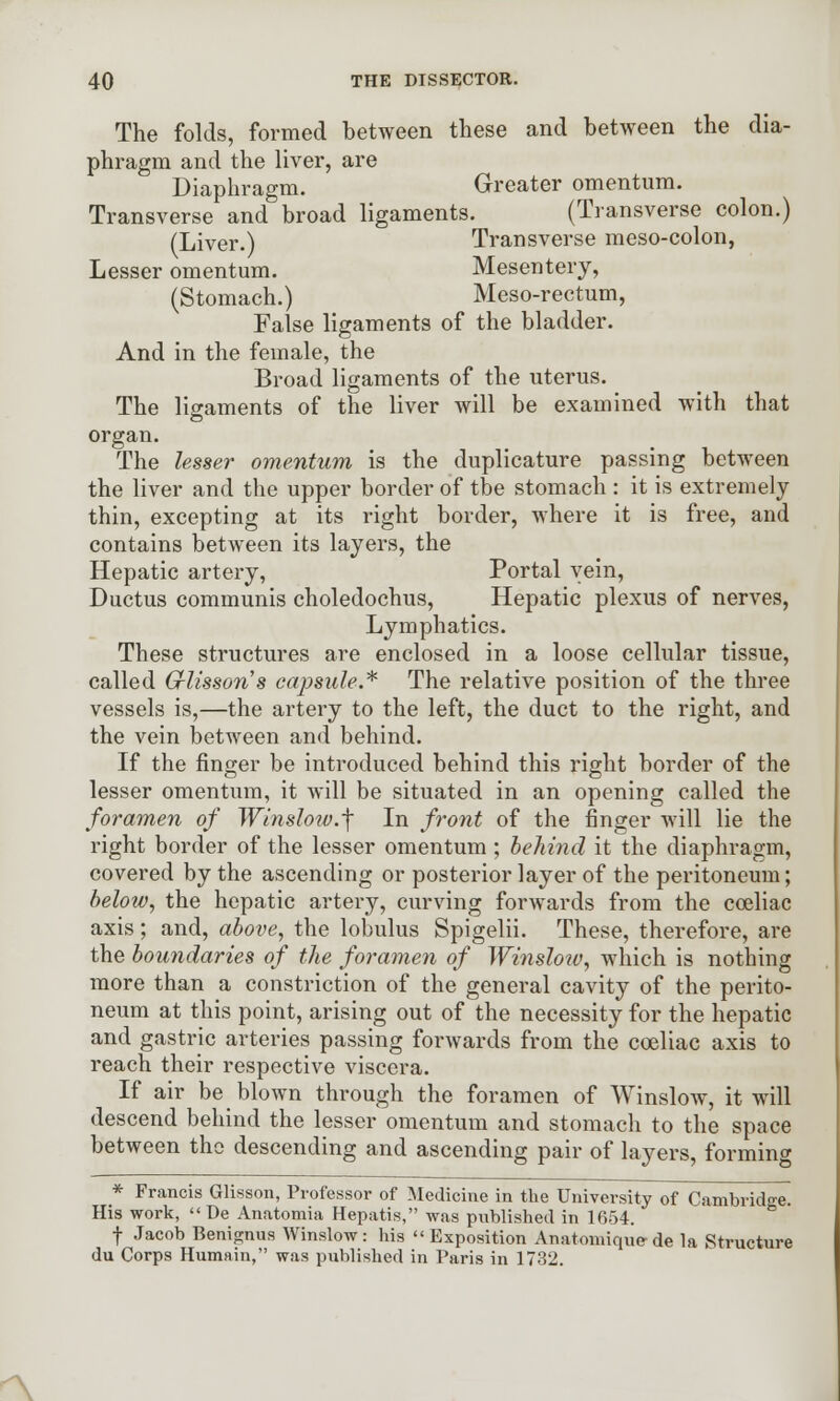 The folds, formed between these and between the dia- phragm and the liver, are Diaphragm. Greater omentum. Transverse and broad ligaments. (Transverse colon.) (Liver.) Transverse meso-colon, Lesser omentum. Mesentery, (Stomach.) Meso-rectum, False ligaments of the bladder. And in the female, the Broad ligaments of the uterus. The ligaments of the liver will be examined with that organ. The lesser omentum is the duplicature passing between the liver and the upper border of tbe stomach : it is extremely thin, excepting at its right border, where it is free, and contains between its layers, the Hepatic artery, Portal vein, Ductus communis choledochus, Hepatic plexus of nerves, Lymphatics. These structures are enclosed in a loose cellular tissue, called Grlisson's capsule.* The relative position of the three vessels is,—the artery to the left, the duct to the right, and the vein between and behind. If the finger be introduced behind this right border of the lesser omentum, it Avill be situated in an opening called the foramen of Winslow.^ In front of the finger will lie the right border of the lesser omentum ; behind it the diaphragm, covered by the ascending or posterior layer of the peritoneum; belotv, the hepatic artery, curving forwards from the coeliac axis; and, above, the lobulus Spigelii. These, therefore, are the boundaries of the foramen of Winslow, which is nothing more than a constriction of the general cavity of the perito- neum at this point, arising out of the necessity for the hepatic and gastric arteries passing forwards from the coeliac axis to reach their respective viscera. If air be blown through the foramen of Winslow, it will descend behind the lesser omentum and stomach to the space between the descending and ascending pair of layers, forming * Francis Glisson, Professor of Medicine in the University of Cambridge. His work,  De Anatomia Hepatis, was published in 1654. f Jacob Benignus Winslow: his Exposition Anatomique- de la Structure du Corps Humain, was published in Paris in 1732.