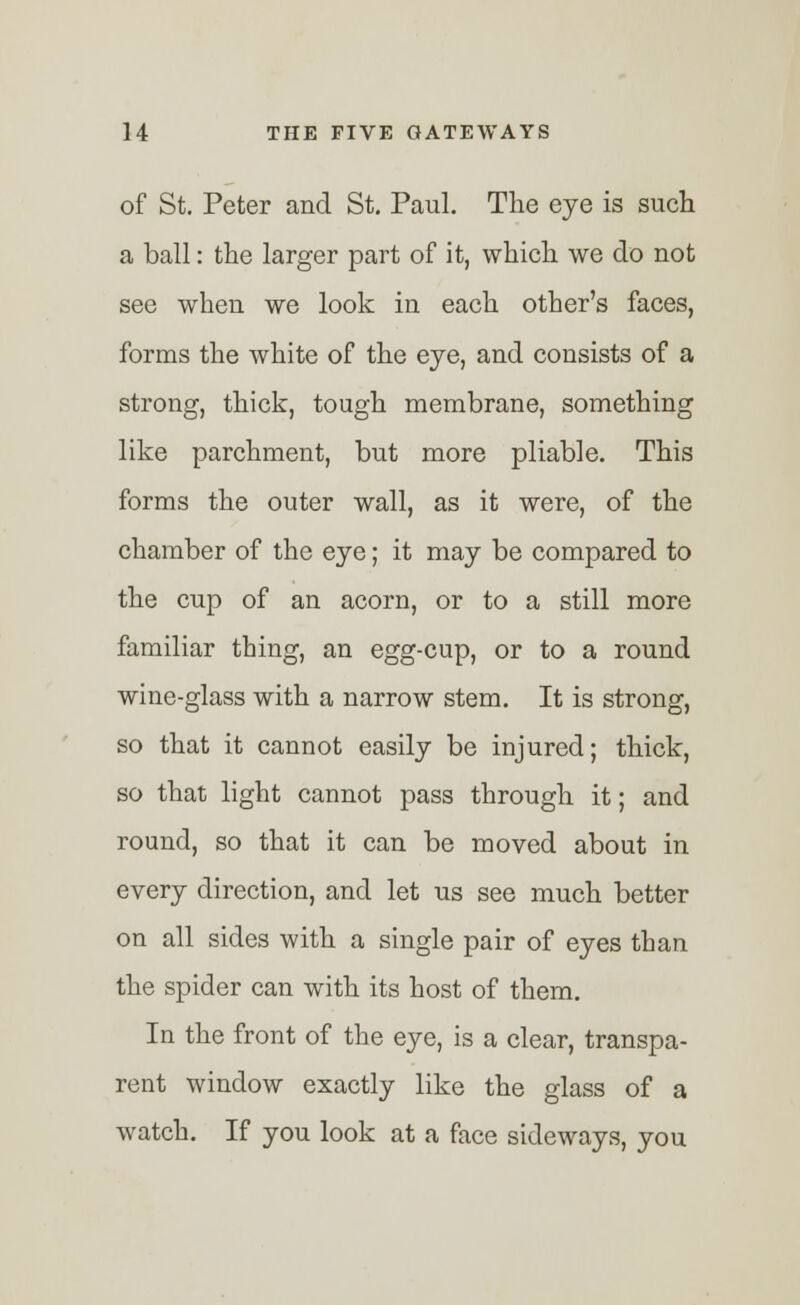 of St. Peter and St. Paul. The eye is such a ball: the larger part of it, which we do not see when we look in each other's faces, forms the white of the eye, and consists of a strong, thick, tough membrane, something like parchment, but more pliable. This forms the outer wall, as it were, of the chamber of the eye; it may be compared to the cup of an acorn, or to a still more familiar thing, an egg-cup, or to a round wine-glass with a narrow stem. It is strong, so that it cannot easily be injured; thick, so that light cannot pass through it; and round, so that it can be moved about in every direction, and let us see much better on all sides with a single pair of eyes than the spider can with its host of them. In the front of the eye, is a clear, transpa- rent window exactly like the glass of a watch. If you look at a face sideways, you