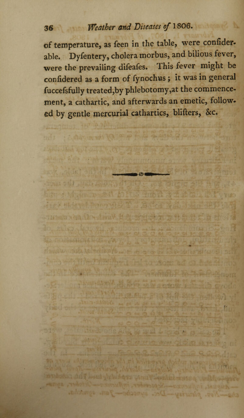 of temperature, as feen in the table, were confider- able. Dyfentery, cholera morbus, and bilious fever, were the prevailing difeafes. This fever might be confidered as a form of fynochus ; it was in general fuccefsfully treated,by phlebotomy ,at the commence- ment, a cathartic, and afterwards an emetic, follow- ed by gentle mercurial cathartics, blifters, &c.