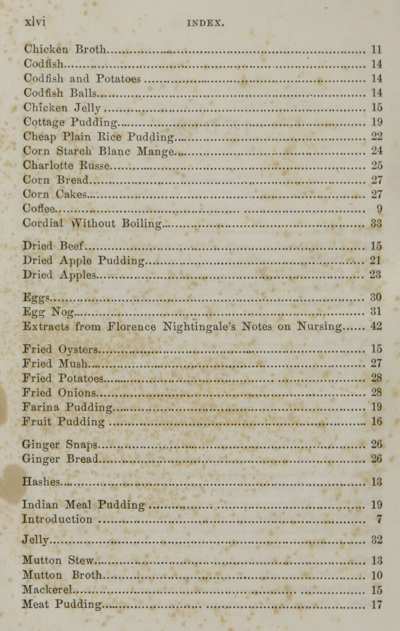 Chicken Broth 11 Codfish 14 Codfish and Potatoes 14 Codfish Balls 14 Chicken Jelly 15 Cottage Pudding 19 Cheap Plain Kice Pudding 22 Corn Starch Blanc Mange 24 Charlotte Russe 25 Corn Bread 27 Corn Cakes 27 Coffee 9 Cordial Without Boiling 33 Dried Beef 15 Dried Apple Pudding 21 Dried Apples 23 Eggs 30 Egg Nog 31 Extracts from Florence Nightingale's Notes on Nursing 42 Pried Oysters 15 Pried Mush 27 Fried Potatoes 28 Fried Onions 28 Farina Pudding 19 Fruit Pudding 16 Ginger Snaps 26 Ginger Bread 26 Hashes 13 Indian Meal Pudding 19 Introduction 7 Jelly 32 Mutton Stew 13 Mutton Broth 10 Mackerel 15 Meat Pudding 17