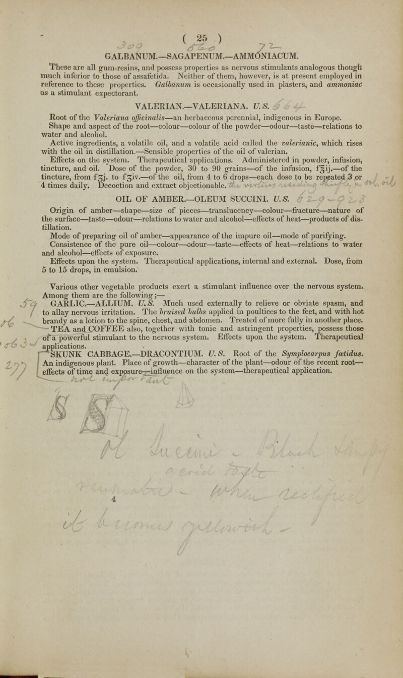 GALBANUM.—SAGAPENUM.—AMMONIACUM. These are all gum-resins, and possess properties as nervous stimulants analogous though much inferior to those of assafetida. Neither of them, however, is at present employed in reference to these properties. Galbanum is occasionally used in plasters, and ammoniac as a stimulant expectorant. VALERIAN.—VALERIANA. U. S. Root of the Valeriana officinalis—an herbaceous perennial, indigenous in Europe. Shape and aspect of the root—colour—colour of the powder—odour—taste—relations to water and alcohol. Active ingredients, a volatile oil, and a volatile acid called the valerianic, which rises with the oil in distillation.—Sensible properties of the oil of valerian. Effects on the system. Therapeutical applications. Administered in powder, infusion, tincture, and oil. Dose of the powder, 30 to 90 grains—of the infusion, f§ij.—of the tincture, from f^j. to f3iv.—of the oil, from 4 to 6 drops—each dose to be repeated 3 or 4 times daily. Decoction and extract objectionable. OIL OF AMBER.—OLEUM SUCCINI. U.S. Origin of amber—shape—size of pieces—translucency—colour—fracture—nature of the surface—taste—odour—relations to water and alcohol—effects of heat—products of dis- tillation. Mode of preparing oil of amber—appearance of the impure oil—mode of purifying. Consistence of the pure oil—colour—odour—taste—effects of heat—relations to water and alcohol—effects of exposure. Effects upon the system. Therapeutical applications, internal and external. Dose, from 5 to 15 drops, in emulsion. Various other vegetable products exert a stimulant influence over the nervous system. __ Among them are the following;— 0<3 GARLIC.—ALLIUM. U.S. Much used externally to relieve or obviate spasm, and / to allay nervous irritation. The bruised bulbs applied in poultices to the feet, and with hot brandy as a lotion to the spine, chest, and abdomen. Treated of more fully in another place. TEA and COFFEE also, together with tonic and astringent properties, possess those of a powerful stimulant to the nervous system. Effects upon the system. Therapeutical applications. P^ SKUNK CABBAGE.—DRACONTIUM. U. S. Root of the Symplocarpus fcetidus. ' An indigenous plant. Place of growth—character of the plant—odour of the recent root—