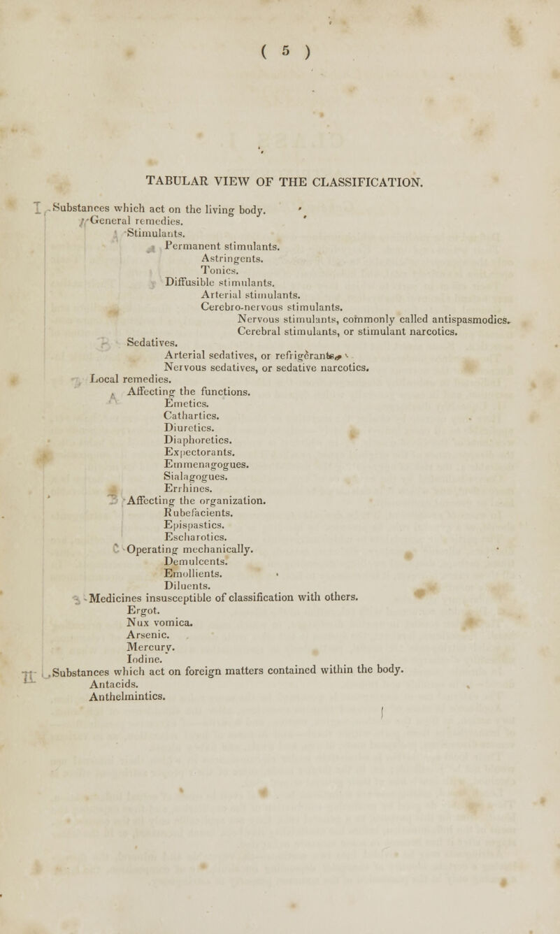 TABULAR VIEW OF THE CLASSIFICATION. Substances which act on the living body. <icaeral remedies. Stimulants. Permanent stimulants. Astringents. Tonics. Diffusible stimulants. Arterial stimulants. Cerebro-nervous stimulants. Nervous stimulants, commonly called antispasmodics. Cerebral stimulants, or stimulant narcotics. Sedatives. Arterial sedatives, or refrigerant*,* *• Nervous sedatives, or sedative narcotics. Local remedies. Affecting the functions. Emetics. Cathartics. Diuretics. Diaphoretics. Expectorants. Emmenagogues. Sialagogues. Enhines. Affecting the organization. Rubefacients. Epispastics. Escharotics. Operating mechanically. Demulcents. Emollients. Diluents. Medicines insusceptible of classification with others. Ergot. Nux vomica. Arsenic. Mercury. Iodine. .Substances which act on foreign matters contained within the body. Antacids. Anthelmintics.