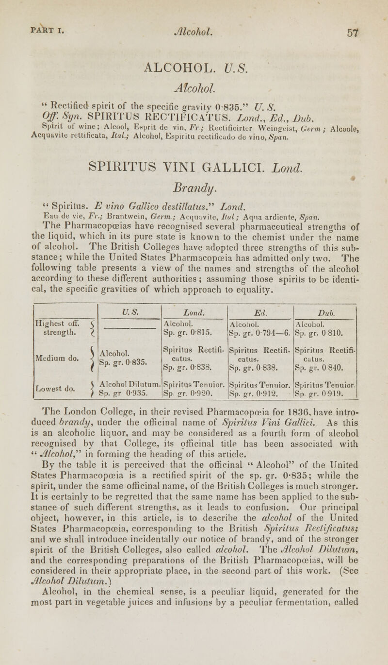 ALCOHOL. U.S. Alcohol.  Rectified spirit of the specific gravity 0-835. U. S. Off.Syn. SPIRITUS RECT1FICATUS. Lond., Ed., Dub. Spirit of wine; Alcool, Esprit dc vin, Fr; Rectificirler Weingeist, Germ ; Alcoole, Acquavite rettificata, ItaL; Alcohol, Espiritu rectificudo de \ino,Span. SPIRITUS VINI GALLICI. Lond. # Brandy.  Spiritus. E vino Gallico destillatus. Lond. Eau de vie, Fr.; Brantwein, Germ ; Acquavile, Itul; Aqna ardiente, Span. The Pharmacopoeias have recognised several pharmaceutical strengths of the liquid, which in its pure state is known to the chemist under the name of alcohol. The British Colleges have adopted three strengths of this sub- stance; while the United States Pharmacopoeia has admitted only two. The following table presents a view of the names and strengths of the alcohol according to these different authorities; assuming those spirits to be identi- cal, the specific gravities of which approach to equality. 17. A Lond. Ed. Duh. Highest off. C strength. \ Medium do. < Lowest do. < Alcohol. Sp. gr. 0835. Alcohol Dilutum. Sp. gr 0-935. Alcohol. Sp. gr. 0-815. Spiritus Reetifi- catus. Sp. gr. 0-838. SpiritusTenuior. Sp. gr. 0-920. Alcohol. Sp. gr. 0794—6. Spiritus Rectifi. catus. Sp.gr. 0 838. SpiritusTenuior. Sp. gr. 0-912. Alcohol. Sp. gr. 0 810. Spiritus Rectifi- cutus. Sp. gr. 0 840. Spiritus Tenuior. Sp. gr. 0919. The London College, in their revised Pharmacopoeia for 1836, have intro- duced brandy, under the officinal name of Spiritus Vini Gallici. As this is an alcoholic liquor, and may be considered as a fourth form of alcohol recognised by that College, its officinal title has been associated with  Alcohol in forming the heading of this article. By the table it is perceived that the officinal  Alcohol of the United States Pharmacopoeia is a rectified spirit of the sp.gr. 0'835; while the spirit, under the same officinal name, of the British Colleges is much stronger. It is certainly to be regretted that the same name has been applied to the sub- stance of such different strengths, as it leads to confusion. Our principal object, however, in this article, is to describe the alcohol of the United States Pharmacopoeia, corresponding to the British Spiritus Eectificatus; and we shall introduce incidentally our notice of brandy, and of the stronger spirit of the British Colleges, also called alcohol. The Mcohol Dilutum, and the corresponding preparations of the British Pharmacopoeias, will be considered in their appropriate place, in the second part of this work. (See Alcohol Dilutum.) Alcohol, in the chemical sense, is a peculiar liquid, generated for the most part in vegetable juices and infusions by a peculiar fermentation, called