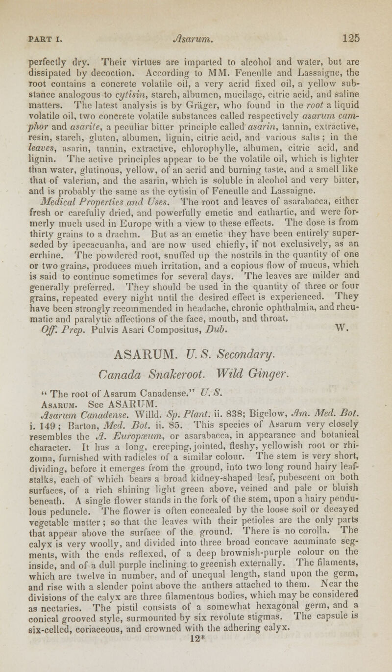 perfectly dry. Their virtues are imparted to alcohol and water, but are dissipated by decoction. According to MM. Feneulle and Lassaigne, the root contains a concrete volatile oil, a very acrid fixed oil, a yellow sub- stance analogous to eytisin, starch, albumen, mucilage, citric acid, and saline matters. The latest analysis is by Griiger, who found in the root a liquid volatile oil, two concrete volatile substances called respectively asarum cam- phor and asarite, a peculiar bitter principle called asarin, tannin, extractive, resin, starch, gluten, albumen, lignin, citric acid, and various salts; in the leaves, asarin, tannin, extractive, chloropliylle, albumen, citric acid, and lignin. The active principles appear to be the volatile oil, which is lighter than water, glutinous, yellow, of an acrid and burning taste, and a smell like that of valerian, and the asarin, which is soluble in alcohol and very bitter, and is probably the same as the eytisin of Feneulle and Lassaigne. Medical Properties and Uses. The root and leaves of asarabacca, either fresh or carefully dried, and powerfully emetic and cathartic, and were for- merly much used in Europe with a view to these effects. The dose is from thirty grains to a drachm. But as an emetic they have been entirely super- seded by ipecacuanha, and are now used chiefly, if not exclusively, as an errhine. The powdered root, snuffed up the nostrils in the quantity of one or two grains, produces much irritation, and a copious flow of mucus, which is said to continue sometimes for several days. The leaves are milder and generally preferred. They should be used in the quantity of three or four grains, repeated every night until the desired effect is experienced. They have been strongly recommended in headache, chronic ophthalmia, and rheu- matic and paralytic affections of the face, mouth, and throat. Off. Prep. Pulvis Asari Compositus, Dub. W. ASARUM. U. S. Secondary. Canada Snakeroot. Wild Ginger.  The root of Asarum Canadense. U. S. Asarum. See ASARUM. Asarum Canadense. Willd. Sp. Plant, ii. 838; Bigelow, Jim. Med. Bot. i. 149 ; Barton, Med. Bot. ii. 85. This species of Asarum very closely resembles the Ji. Europseum, or asarabacca, in appearance and botanical character. It has a long, creeping, jointed, fleshy, yellowish root or rhi- zoma, furnished with radicles of a similar colour. The stem is very short, dividing, before it emerges from the ground, into two long round hairy leaf- stalks, each of which bears a broad kidney-shaped leaf, pubescent on both surfaces, of a rich shining light green above, veined and pale or bluish beneath. A single flower stands in the fork of the stem, upon a hairy pendu- lous peduncle. =The flower is often concealed by the loose soil or decayed vegetable matter; so that the leaves with their petioles are the only parts that appear above the surface of the ground. There is no corolla. The calyx is very woolly, and divided into three broad concave acuminate seg- ments, with the ends reflexed, of a deep brownish-purple colour on the inside, and of a dull purple inclining to greenish externally. The filaments, which are twelve in number, and of unequal length, stand upon the germ, and rise with a slender point above the anthers attached to them. Near the divisions of the calyx are three filamentous bodies, which may be considered as nectaries. The pistil consists of a somewhat hexagonal germ, and a conical grooved style, surmounted by six revolute stigmas. The capsule is six-celled, coriaceous, and crowned with the adhering calyx. 12*