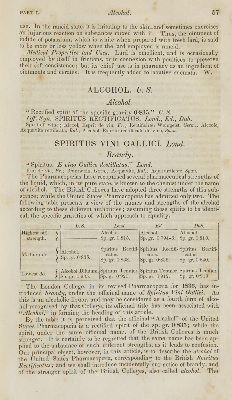 use. In the rancid state, it is irritating to the skin,and'sometimes exercises an injurious reaction on substances mixed with it. Thus, the ointment of iodide of potassium, which is white when prepared with fresh lard, is said to be more or less yellow when the lard employed is rancid. Medical Properties and Uses. Lard is emollient, and is occasionally employed by itself in frictions, or in connexion with poultices to preserve their soft consistence; but its chief use is in pharmacy as an ingredient ol ointments and cerates. It is frequently added to laxative enemata. W. ALCOHOL. U.S. Alcohol  Rectified spirit of the specific gravity 0-835. U. S. Off. Syn. SPIRITUS RECTIFICATUS. Lond., Ed., Dub. Spirit of wine; Alcool, Esprit de vin, Fr.; Rectificirter Weingeist, Germ.; Alcoole, Acquavite rettificata, Itul; Alcohol, Espritu rcctificado de vino, Span. SPIRITUS VINI GALLIC! Lond. Brandt/.  Spiritus. E vino Gallico destillatus. Lond. Eau de vie, Fr.; Brantwein, Germ.; Acquavite, Ital.; Aqua ardiente, Span. The Pharmacopoeias have recognised several pharmaceutical strengths of the liquid, which, in its pure state, is known to the chemist under the name of alcohol. The British Colleges have adopted three strengths of this sub- stance; while the United States Pharmacopoeia has admitted only two. The following table presents a view of the names and strengths of the alcohol according to these different authorities; assuming those spirits to be identi- cal, the specific gravities of which approach to equality. U.S. Lond. Highest off. strength. Medium do. Lowest do. 'Alcohol. Sp. gr. 0-835. [Alcohol Dilutum. |Sp. gr. 0-935. Alcohol. Sp. gr. 0-815. Spiritus Rectifi- catus. Sp. gr. 0-838. Spiritus Tenuior. Sp. gr. 0-920. Ed. Alcohol. Sp.gr. 0-794-6. Spiritus Rectifi- catus. Sp. gr. 0-838. Spiritus Tenuior. Spiritus Tenuior. Sp. gr. 0-912. Sp. gr. 0-919 Dub. Alcohol Sp. gr. 0-810. Spiritus Rectifi- catus. Sp. gr. 0-840. The London College, in its revised Pharmacopoeia for 1830, has in- troduced brandy, under the officinal name of Spiritus Vini Gallici. As this is an alcoholic liquor, and may be considered as a fourth form of alco- hol recognised by that College, its officinal title has been associated with JHcoho'f, in forming the heading of this article. By the table it is perceived that the officinal Alcohol of the United States Pharmacopoeia is a rectified spirit of the sp.gr. 0-835; while the spirit, under the same officinal name, of the British Colleges is much stronger. It is certainly to be regretted that the same name has been ap- plied to the substance of such different strengths, as it leads to confusion. Our principal object, however, in this article, is to describe the alcohol of the United States Pharmacopoeia, corresponding to the British Spiritus Rectificalus ; and we shall introduce incidentally our notice of brandy, and of the stronger spirit of the British Colleges, also called alcohol. The