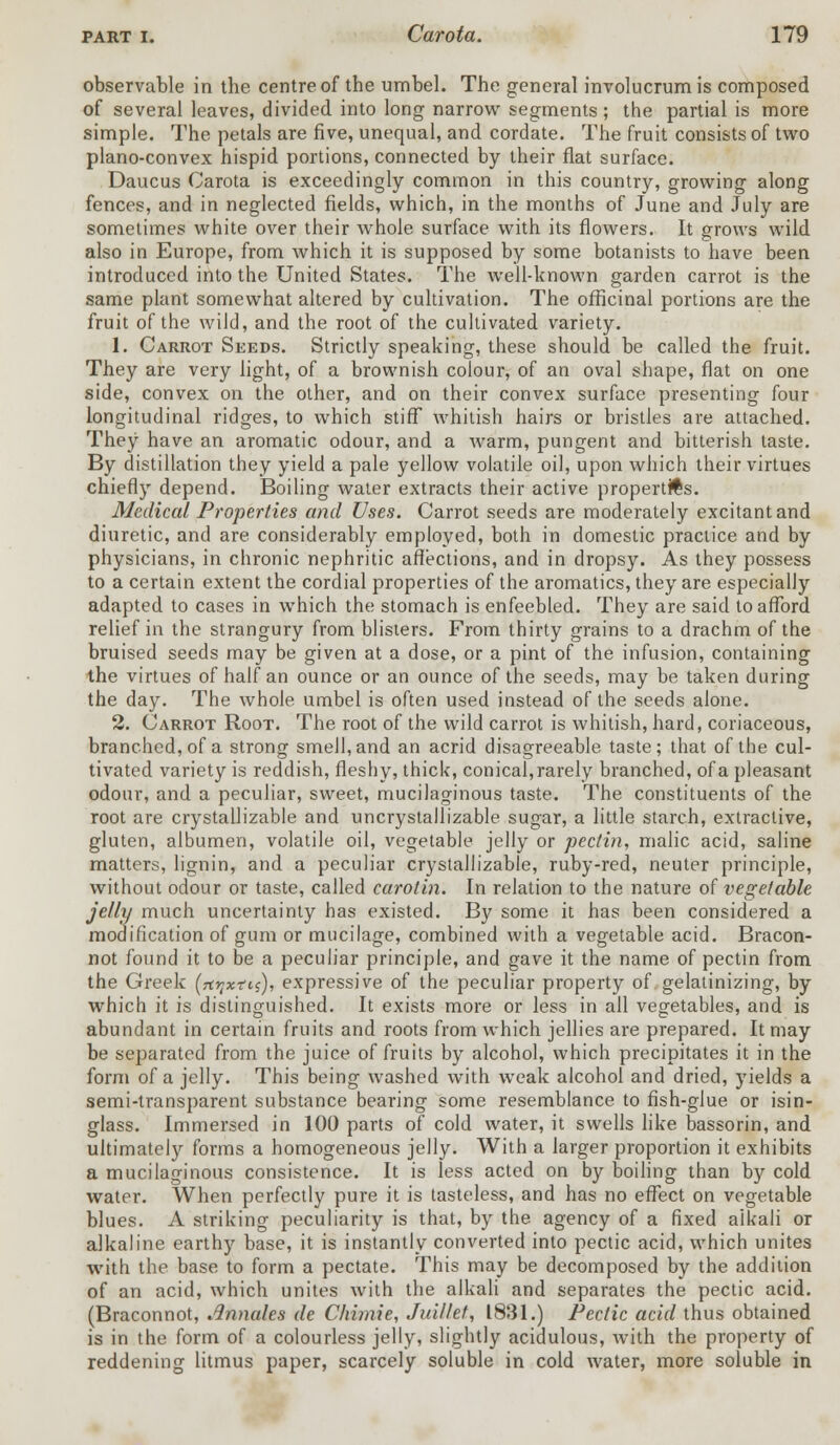 observable in the centre of the umbel. The general involucrum is composed of several leaves, divided into long narrow segments; the partial is more simple. The petals are five, unequal, and cordate. The fruit consists of two plano-convex hispid portions, connected by their flat surface. Daucus Carota is exceedingly common in this country, growing along fences, and in neglected fields, which, in the months of June and July are sometimes white over their whole surface with its flowers. It grows wild also in Europe, from which it is supposed by some botanists to have been introduced into the United States. The well-known garden carrot is the same plant somewhat altered by cultivation. The officinal portions are the fruit of the wild, and the root of the cultivated variety. 1. Carrot Seeds. Strictly speaking, these should be called the fruit. They are very light, of a brownish colour, of an oval shape, flat on one side, convex on the other, and on their convex surface presenting four longitudinal ridges, to which stiff whitish hairs or bristles are attached. They have an aromatic odour, and a warm, pungent and bitterish taste. By distillation they yield a pale yellow volatile oil, upon which their virtues chiefly depend. Boiling water extracts their active properties. Medical Properties and Uses. Carrot seeds are moderately excitant and diuretic, and are considerably employed, both in domestic practice and by physicians, in chronic nephritic affections, and in dropsy. As they possess to a certain extent the cordial properties of the aromatics, they are especially adapted to cases in which the stomach is enfeebled. They are said to afford relief in the strangury from blisters. From thirty grains to a drachm of the bruised seeds may be given at a dose, or a pint of the infusion, containing the virtues of half an ounce or an ounce of the seeds, may be taken during the day. The whole umbel is often used instead of the seeds alone. 2. Carrot Root. The root of the wild carrot is whitish, hard, coriaceous, branched, of a strong smell,and an acrid disagreeable taste; that of the cul- tivated variety is reddish, fleshy, thick, conical,rarely branched, of a pleasant odour, and a peculiar, sweet, mucilaginous taste. The constituents of the root are crystallizable and uncrystaliizable sugar, a little starch, extractive, gluten, albumen, volatile oil, vegetable jelly or pectin, malic acid, saline matters, lignin, and a peculiar crystallizable, ruby-red, neuter principle, without odour or taste, called carotin. In relation to the nature of vegetable jelly much uncertainty has existed. By some it has been considered a modification of gum or mucilage, combined with a vegetable acid. Bracon- not found it to be a peculiar principle, and gave it the name of pectin from the Greek (rt^xr^), expressive of the peculiar property of gelatinizing, by which it is distinguished. It exists more or less in all vegetables, and is abundant in certain fruits and roots from which jellies are prepared. It may be separated from the juice of fruits by alcohol, which precipitates it in the form of a jelly. This being washed with weak alcohol and dried, yields a semi-transparent substance bearing some resemblance to fish-glue or isin- glass. Immersed in 100 parts of cold water, it swells like bassorin, and ultimately forms a homogeneous jelly. With a larger proportion it exhibits a mucilaginous consistence. It is less acted on by boiling than by cold water. When perfectly pure it is tasteless, and has no effect on vegetable blues. A striking peculiarity is that, by the agency of a fixed alkali or alkaline earthy base, it is instantly converted into pectic acid, which unites with the base to form a pectate. This may be decomposed by the addition of an acid, which unites with the alkali and separates the pectic acid. (Braconnot, Annales de Chimie, Jui/let, 1831.) Pectic acid thus obtained is in the form of a colourless jelly, slightly acidulous, with the property of reddening litmus paper, scarcely soluble in cold water, more soluble in
