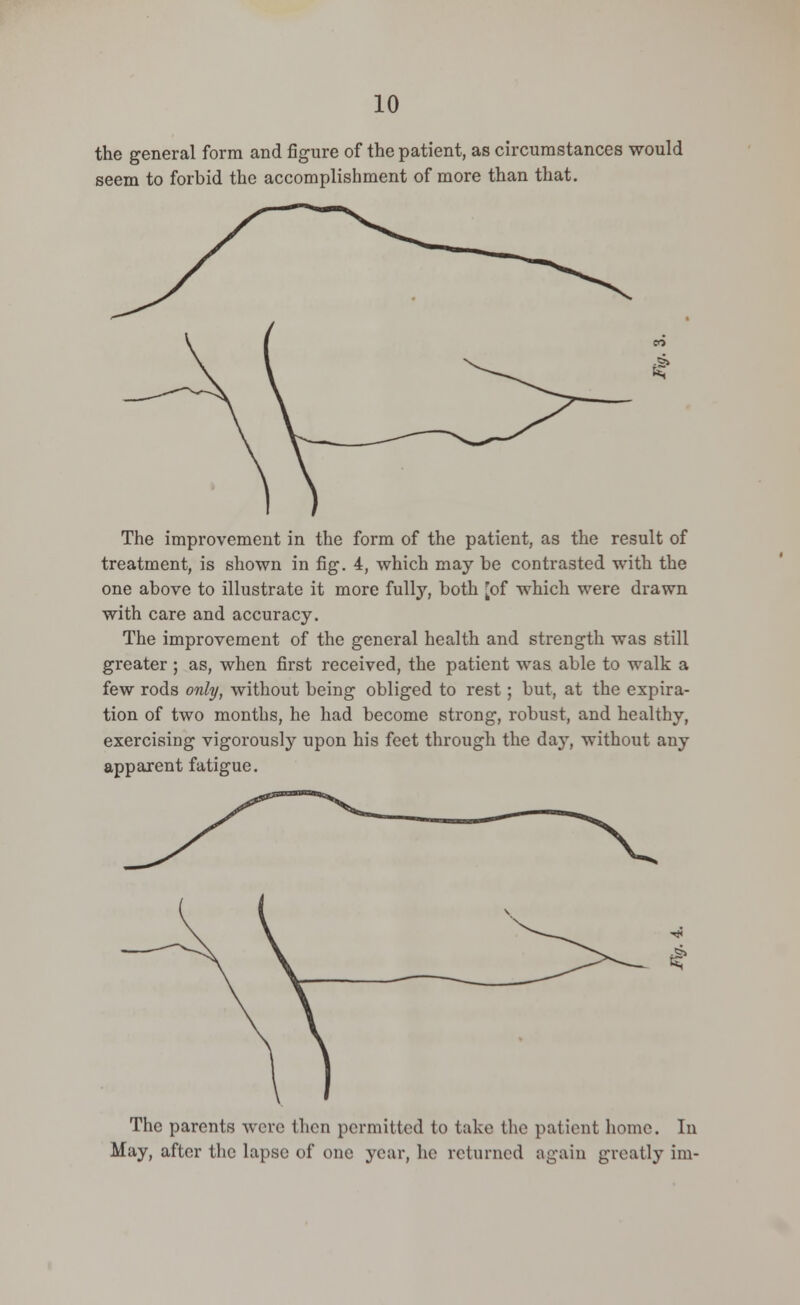 the general form and figure of the patient, as circumstances would seem to forbid the accomplishment of more than that. •2> The improvement in the form of the patient, as the result of treatment, is shown in fig. 4, which may be contrasted with the one above to illustrate it more fully, both [of which were drawn with care and accuracy. The improvement of the general health and strength was still greater ; as, when first received, the patient was able to walk a few rods only, without being obliged to rest; but, at the expira- tion of two months, he had become strong, robust, and healthy, exercising vigorously upon his feet through the day, without any apparent fatigue. The parents wore then permitted to take the patient home. In May, after the lapse of one year, he returned again greatly im-