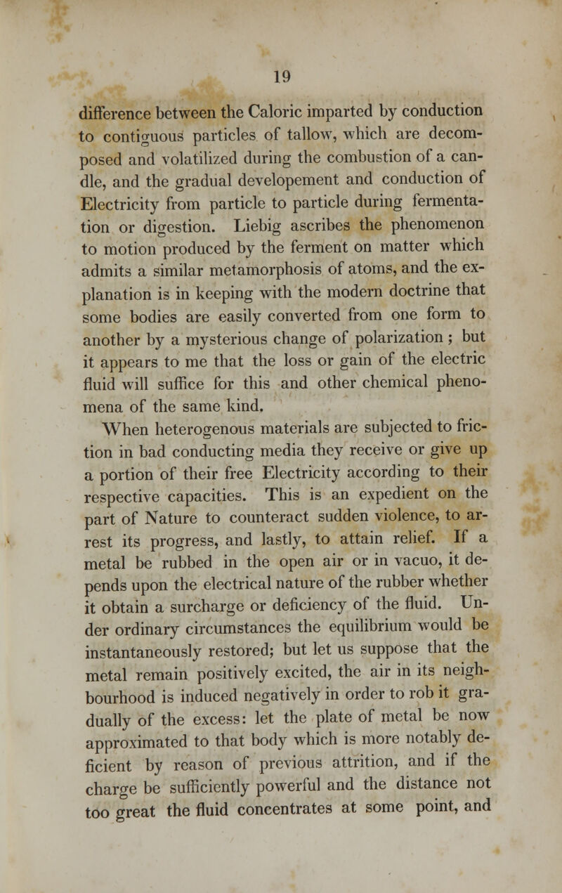 difference between the Caloric imparted by conduction to contiguous particles of tallow, which are decom- posed and volatilized during the combustion of a can- dle, and the gradual developement and conduction of Electricity from particle to particle during fermenta- tion or digestion. Liebig ascribes the phenomenon to motion produced by the ferment on matter which admits a similar metamorphosis of atoms, and the ex- planation is in keeping with the modern doctrine that some bodies are easily converted from one form to another by a mysterious change of polarization; but it appears to me that the loss or gain of the electric fluid will suffice for this and other chemical pheno- mena of the same kind. When heterogenous materials are subjected to fric- tion in bad conducting media they receive or give up a portion of their free Electricity according to their respective capacities. This is an expedient on the part of Nature to counteract sudden violence, to ar- rest its progress, and lastly, to attain relief. If a metal be rubbed in the open air or in vacuo, it de- pends upon the electrical nature of the rubber whether it obtain a surcharge or deficiency of the fluid. Un- der ordinary circumstances the equilibrium would be instantaneously restored; but let us suppose that the metal remain positively excited, the air in its neigh- bourhood is induced negatively in order to rob it gra- dually of the excess: let the plate of metal be now approximated to that body which is more notably de- ficient by reason of previous attrition, and if the charge be sufficiently powerful and the distance not too great the fluid concentrates at some point, and