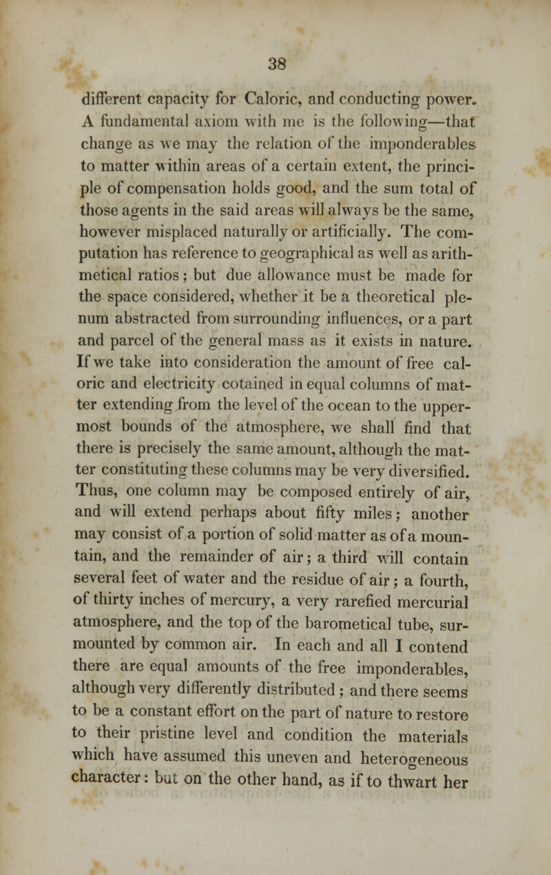 different capacity for Caloric, and conducting power. A fundamental axiom with me is the following—that change as we may the relation of the imponderables to matter within areas of a certain extent, the princi- ple of compensation holds good, and the sum total of those agents in the said areas will always be the same, however misplaced naturally or artificially. The com- putation has reference to geographical as well as arith- metical ratios; but due allowance must be made for the space considered, whether it be a theoretical ple- num abstracted from surrounding influences, or a part and parcel of the general mass as it exists in nature. If we take into consideration the amount of free cal- oric and electricity cotained in equal columns of mat- ter extending from the level of the ocean to the upper- most bounds of the atmosphere, we shall find that there is precisely the same amount, although the mat- ter constituting these columns may be very diversified. Thus, one column may be composed entirely of air, and will extend perhaps about fifty miles; another may consist of a portion of solid matter as of a moun- tain, and the remainder of air; a third will contain several feet of water and the residue of air; a fourth, of thirty inches of mercury, a very rarefied mercurial atmosphere, and the top of the barometical tube, sur- mounted by common air. In each and all I contend there are equal amounts of the free imponderables, although very differently distributed; and there seems to be a constant effort on the part of nature to restore to their pristine level and condition the materials which have assumed this uneven and heterogeneous character: but on the other hand, as if to thwart her