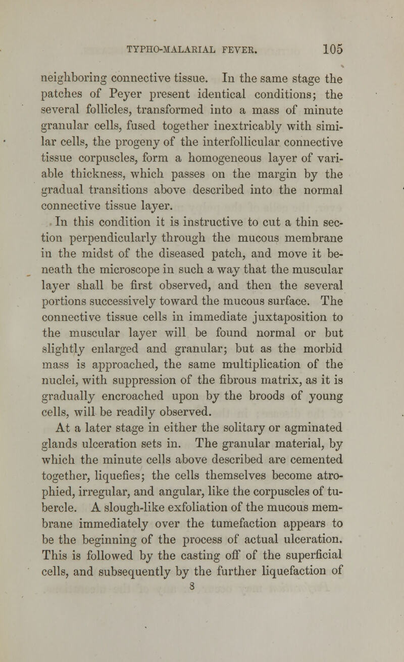 neighboring connective tissue. In the same stage the patches of Peyer present identical conditions; the several follicles, transformed into a mass of minute granular cells, fused together inextricably with simi- lar cells, the progeny of the interfollicular connective tissue corpuscles, form a homogeneous layer of vari- able thickness, which passes on the margin by the gradual transitions above described into the normal connective tissue layer. In this condition it is instructive to cut a thin sec- tion perpendicularly through the mucous membrane in the midst of the diseased patch, and move it be- neath the microscope in such a way that the muscular layer shall be first observed, and then the several portions successively toward the mucous surface. The connective tissue cells in immediate juxtaposition to the muscular layer will be found normal or but slightly enlarged and granular; but as the morbid mass is approached, the same multiplication of the nuclei, with suppression of the fibrous matrix, as it is gradually encroached upon by the broods of young cells, will be readily observed. At a later stage in either the solitary or agminated glands ulceration sets in. The granular material, by which the minute cells above described are cemented together, liquefies; the cells themselves become atro- phied, irregular, and angular, like the corpuscles of tu- bercle. A slough-like exfoliation of the mucous mem- brane immediately over the tumefaction appears to be the beginning of the process of actual ulceration. This is followed by the casting off of the superficial cells, and subsequently by the further liquefaction of