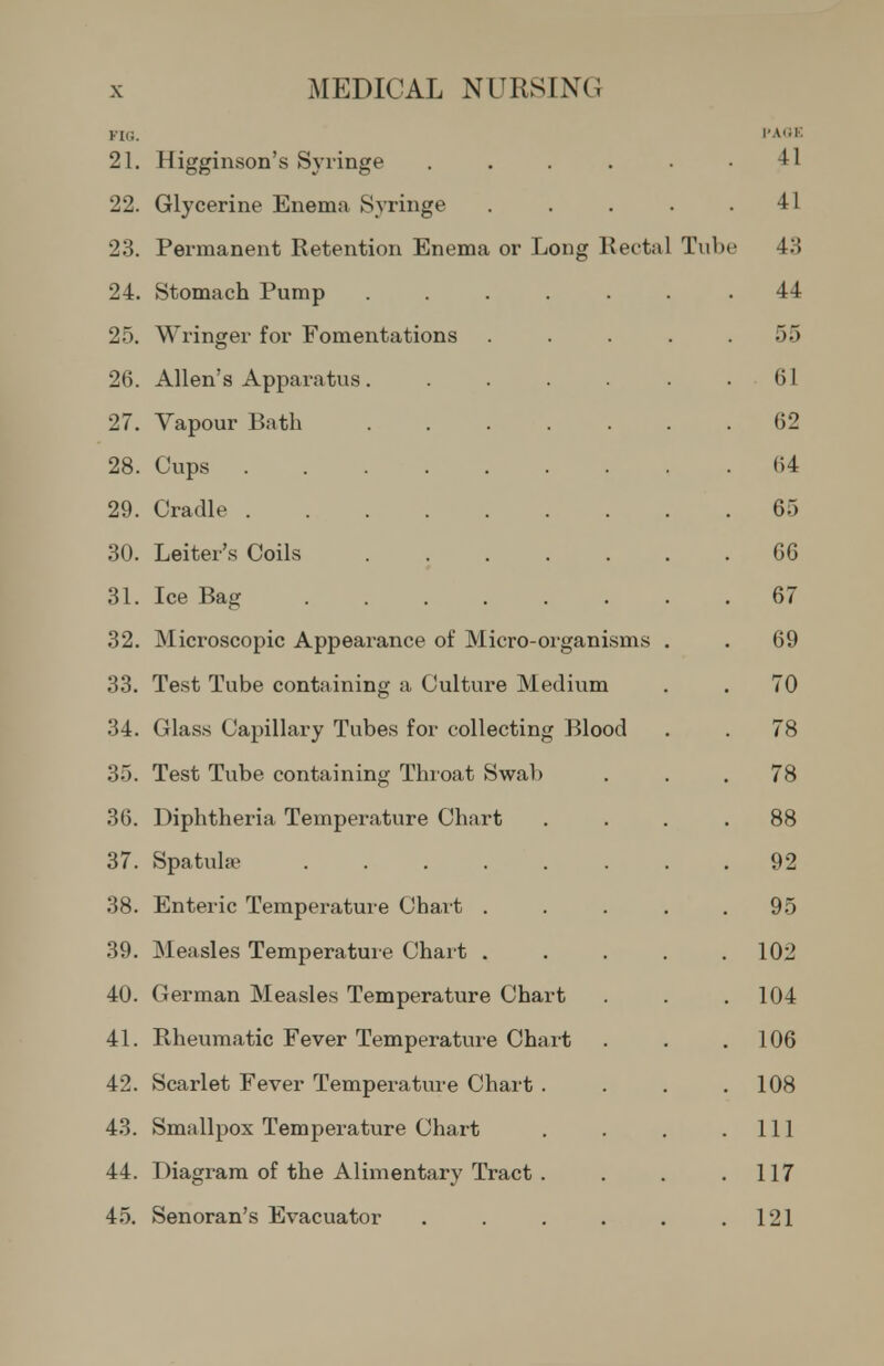 FIG. l'A«K 21. Higginson's Syringe . . . . .41 22. Glycerine Enema Syringe ..... 41 23. Permanent Retention Enema or Long Rectal Tube 43 24. Stomach Pump 44 25. Wringer for Fomentations ..... 55 26. Allen's Apparatus. . . . . .61 27. Yapour Bath 62 28. Cups 64 29. Cradle 65 30. Leiter's Coils 66 31. Ice Bag 67 32. Microscopic Appearance of Micro-organisms . . 69 33. Test Tube containing a Culture Medium . . 70 34. Glass Capillary Tubes for collecting Blood . . 78 35. Test Tube containing Throat Swal) ... 78 36. Diphtheria Temperature Chart .... 88 37. Spatulje 92 38. Enteric Temperature Chart ..... 95 39. Measles Temperature Chart . . . . .102 40. German Measles Temperature Chart . . .104 41. Rheumatic Fever Temperature Chart . . .106 42. Scarlet Fever Temperature Chart . . . .108 43. Smallpox Temperature Chart . . . .111 44. Diagram of the Alimentary Tract . . . .117 45. Senoran's Evacuator . . . . . .121