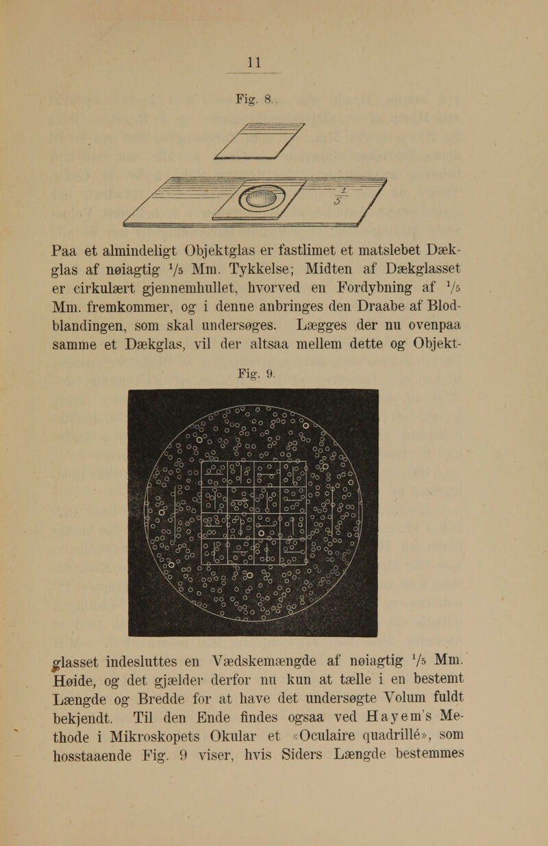 Fig. 8, Paa et almindeligt Objektglas er fastlimet et matslebet Dæk- glas af nøiagtig Vs Mm. Tykkelse; Midten af Dækglasset er cirkulært gjennemliullet, hvorved en Fordybning af Mm. fremkommer, og i denne anbringes den Draabe af Blod- blandingen, som skal undersøges. Lægges der nu ovenpaa samme et Dækglas, vil der altsaa mellem dette og Objekt- Fig. 9. glasset indesluttes en Vædskemængde af noiagtig Mm. Høide, og det gjælder derfor nu kun at tælle i en bestemt Længde og Bredde for at have det undersøgte Volum fuldt bekjendt. Til den Ende findes ogsaa ved Hayem's Me- thode i Mikroskopets Okular et «Oculaire quadrillé», som hosstaaende Fig. 9 viser, hvis Siders Længde bestemmes