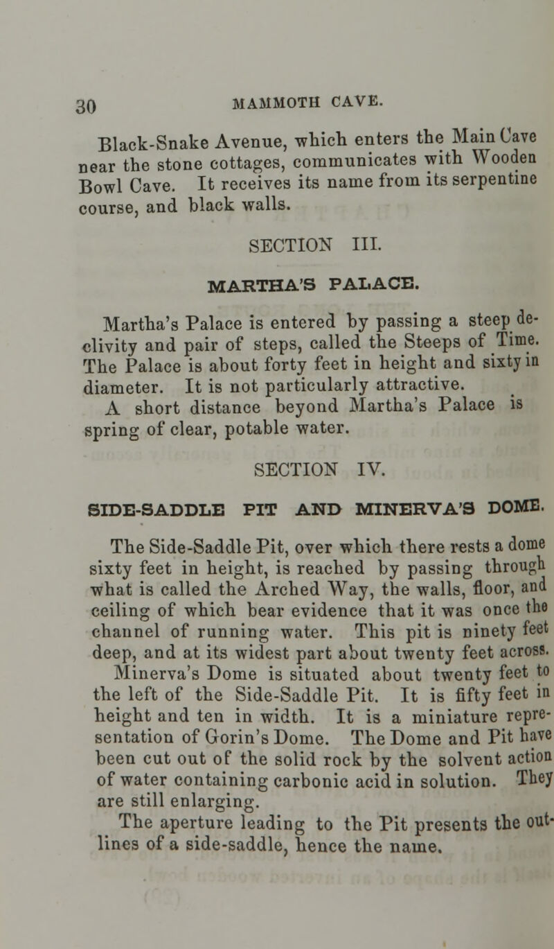 Black-Snake Avenue, -which enters the Main Cave near the stone cottages, communicates with Wooden Bowl Cave. It receives its name from its serpentine course, and black walls. SECTION III. MARTHA'S PALACE. Martha's Palace is entered by passing a steep de- clivity and pair of steps, called the Steeps of Time. The Palace is about forty feet in height and sixty in diameter. It is not particularly attractive. A short distance beyond Martha's Palace is spring of clear, potable water. SECTION IV. SIDE-SADDLE PIT AND MINERVA'S DOME. The Side-Saddle Pit, over which there rests a dome sixty feet in height, is reached by passing through what is called the Arched Way, the walls, floor, and ceiling of which bear evidence that it was once the channel of running water. This pit is ninety feet deep, and at its widest part about twenty feet across. Minerva's Dome is situated about twenty feet to the left of the Side-Saddle Pit. It is fifty feet in height and ten in width. It is a miniature repre- sentation of Gorin's Dome. The Dome and Pit have been cut out of the solid rock by the solvent action of water containing carbonic acid in solution. They are still enlarging. The aperture leading to the Pit presents the out- lines of a side-saddle, hence the name.