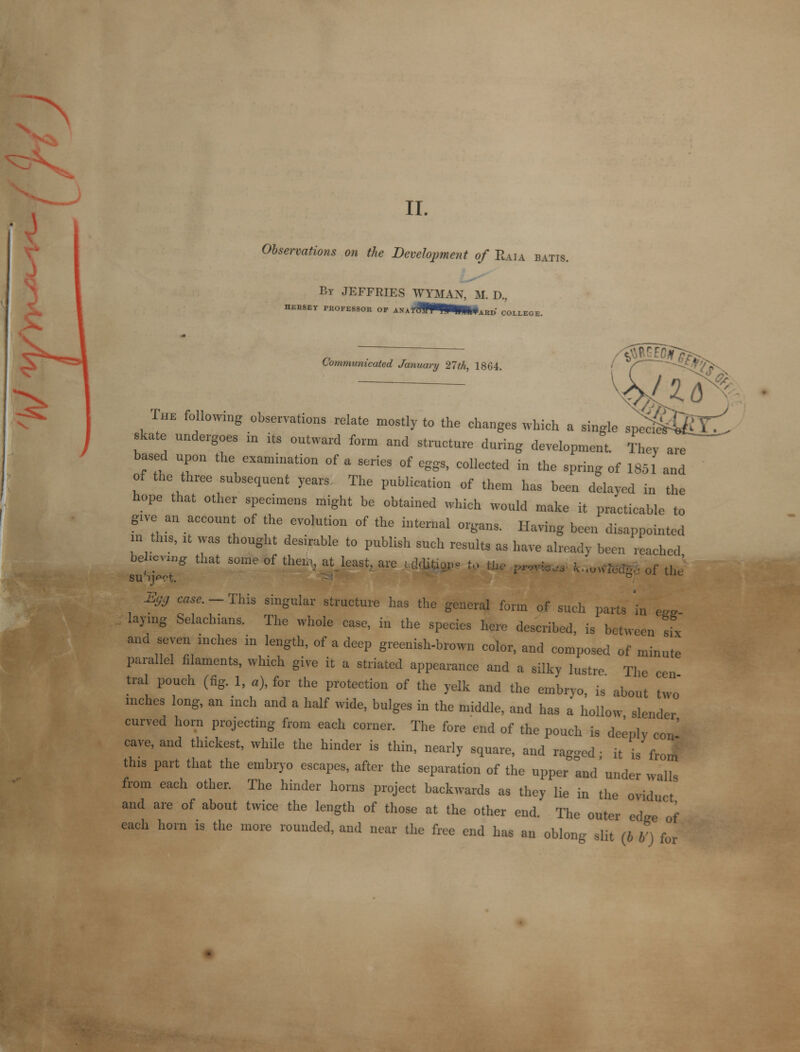 II. Observations on the Development of Eaia By JEFFRIES WTMAN, M. D., BATIS. HERSEY PROFESSOR OP ANAf( ARD COLLEGE. Communicated January 27th, 1864. The following observations relate mostly to the changes which a single specks skate undergoes in its outward form and strnctnre daring development. They are based ^ the examination of a series of eggs, collected in the spring of 185! and of the three subsequent years The publication of them has been delayed in the hope that other specimens might be obtained which would make it practicable to give an account of the evolution of the internal organs. Having been disappointed in tins, it was thought desirable to publish such results as have already been reached beW.ng that some of then,, at_least,are .ddjfepe to the 2,,„vic fc.^wfcdge of the Egg case. - This singular structure has the general form of such parts in «. laying Selachians. The whole case, in the species here described, is between six and seven inches in length, of a deep greenish-brown color, and composed of minute parallel filaments, which give it a striated appearance and a silky lustre The cen tral pouch (fig. 1, «), for the protection of the yelk and the embryo, is about two inches long, an inch and a half wide, bulges in the middle, and has a hollow slender curved horn projecting from each corner. The fore end of the pouch is deeply con' cave, and thickest, while the hinder is thin, nearly square, and ragged- it is from this part that the embryo escapes, after the separation of the upper and under walls from each other. The hinder horns project backwards as they lie in the oviduct and are of about twice the length of those at the other end. The outer edge of