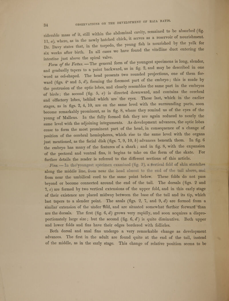 „,,,e mass of it, .till within the abdominal cavity, remained to be absorbed (fig. , lre, as in the newly batched chick, it serves as a reservoir of nounshment. Dr. iaw state, that, in the torpedo, the yonng fish is nourished by the yelk for six weeks after birth. In all cases we have fonnd the ntelbne duct entering the intestine just above the spiral valve. ^ Farm of the Foetus.-The general form of the youngest specimens is long, slender, and ^dually tapers to a point backward, as in fig. 2, and may be described in one word as eel-shaped. The head presents two rounded projections, one of them for- ward (figs. 4* and 5, d), forming the foremost part of the embryo ; this is made by the protrusion of the optic lobes, and closely resembles the same part in the embryos of birds; the second (fig. 5, e) is directed downward, and contains the cerebral and olfactory lobes, behind which are the eyes. These last, which in the earlier stages, as in figs. 2, 4, 10, are on the same level with the surrounding parts, soon become remarkably prominent, as in fig. 8, where they remind us of the eyes of the young of Malleus. In the fully formed fish they are again reduced to nearly the same level with the adjoining integuments. As development advances, the optic lobes cease to form the most prominent part of the head, in consequence of a change of position of the cerebral hemispheres, which rise to the same level with the organs just mentioned, as the facial disk (figs. 7, 9, 10, b) advances beneath them. In fig. 6 the embryo has many of the features of a shark ; and in fig. 8, with the expansion of the pectoral and ventral fins, it begins to take on the form of the skate. For further details the reader is referred to the different sections of this article. Pim — In the youngest specimen examined (fig. 2), a vertical fold of skin stretcher along the middle line, from near the head almost to the end of the tail above, a from near the umbilical cord to the same point below. These folds do not pass beyond or become connected around the end of the tail. The dorsals (figs. 2 and 7, c) are formed by two vertical extensions of the upper fold, and in this early stage of their existence are placed midway between the base of the tail and its tip, which last tapers to a slender point. The anals (figs. 2, 7, and 9, d) are formed from a similar extension of the under fold, and are situated somewhat farther forward than are the dorsals. The first (fig. 6, d) grows very rapidly, and soon acquires a dispro- portionately large size; but the second (fig. 6, d') is quite diminutive. Both upper and lower folds and fins have their edges bordered with follicles. Both dorsal and anal fins undergo a very remarkable change as development advances. The first in the adult are found quite at the end of the tail, instead of the middle, as in the early stage. This change of relative position seems to be