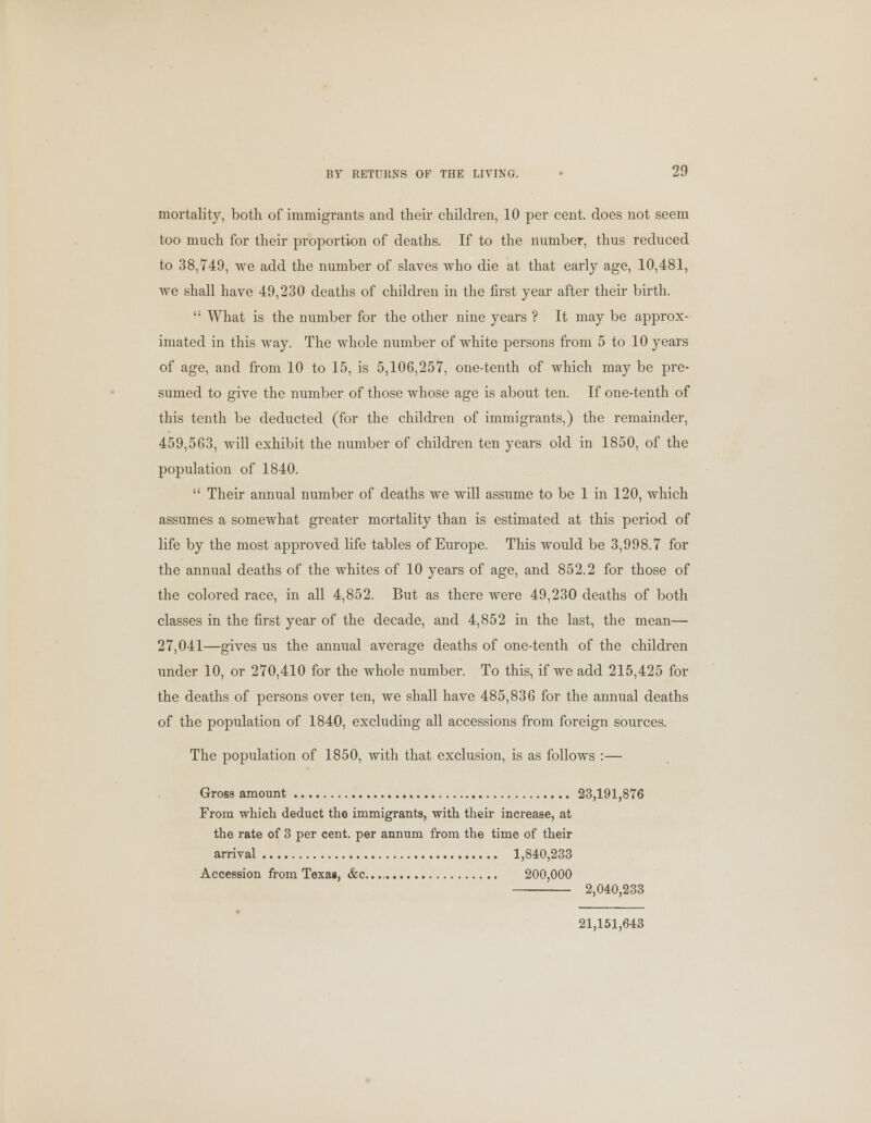mortality, both of immigrants and their children, 10 per cent, does not seem too much for their proportion of deaths. If to the number, thus reduced to 38,749, we add the number of slaves who die at that early age, 10,481, we shall have 49,230 deaths of children in the first year after their birth.  What is the number for the other nine years ? It may be approx- imated in this way. The whole number of white persons from 5 to 10 years of age, and from 10 to 15, is 5,106,257, one-tenth of which may be pre- sumed to give the number of those whose age is about ten. If one-tenth of this tenth be deducted (for the children of immigrants,) the remainder, 459,563, will exhibit the number of children ten years old in 1850, of the population of 1840.  Their annual number of deaths we will assume to be 1 in 120, which assumes a somewhat greater mortality than is estimated at this period of life by the most approved life tables of Europe. This would be 3,998.7 for the annual deaths of the whites of 10 years of age, and 852.2 for those of the colored race, in all 4,852. But as there were 49,230 deaths of both classes in the first year of the decade, and 4,852 in the last, the mean— 27,041—gives us the annual average deaths of one-tenth of the children under 10, or 270,410 for the whole number. To this, if we add 215,425 for the deaths of persons over ten, we shall have 485,836 for the annual deaths of the population of 1840, excluding all accessions from foreign sources. The population of 1850, with that exclusion, is as follows :— Gross amount 23,191,876 From which deduct the immigrants, with their increase, at the rate of 3 per cent, per annum from the time of their arrival 1,840,233 Accession from Texas, &c.., , 200,000 2,040,233 21,151,643