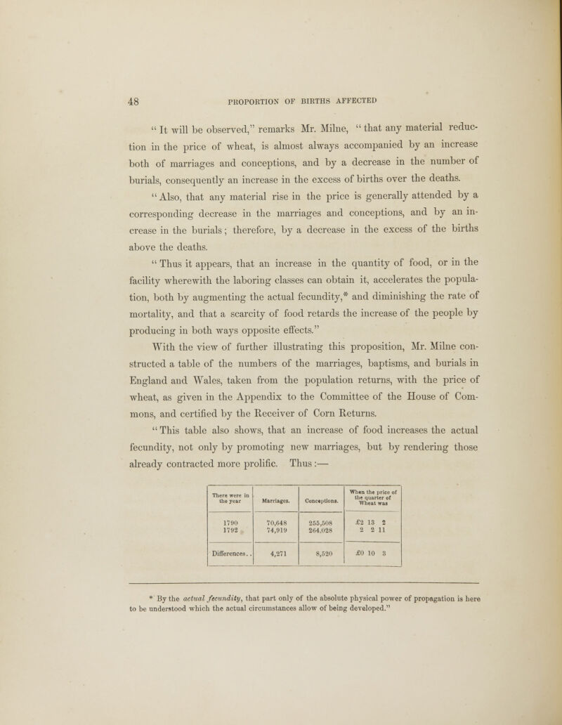  It will be observed, remarks Mr. Milne,  that any material reduc- tion in the price of wheat, is almost always accompanied by an increase both of marriages and conceptions, and by a decrease in the number of burials, consequently an increase in the excess of births over the deaths. Also, that any material rise in the price is generally attended by a corresponding decrease in the marriages and conceptions, and by an in- crease in the burials; therefore, by a decrease in the excess of the births above the deaths.  Thus it appears, that an increase in the quantity of food, or in the facility wherewith the laboring classes can obtain it, accelerates the popula- tion, both by augmenting the actual fecundity,* and diminishing the rate of mortality, and that a scarcity of food retards the increase of the people by producing in both ways opposite effects. With the view of further illustrating this proposition, Mr. Milne con- structed a table of the numbers of the marriages, baptisms, and burials in England and Wales, taken from the population returns, with the price of wheat, as given in the Appendix to the Committee of the House of Com- mons, and certified by the Receiver of Corn Returns. This table also shows, that an increase of food increases the actual fecundity, not only by promoting new marriages, but by rendering those already contracted more prolific. Thus :— There were in the year Marriages. Conceptions. When the price of the quarter of Wheat was 1790 1792 70,648 74,919 255,508 264,028 £2 13 2 2 2 11 Differences.. 4,271 8,520 £0 10 3 * By the actual fecundity, that part only of the absolute physical power of propagation is here to be understood which the actual circumstances allow of being developed.