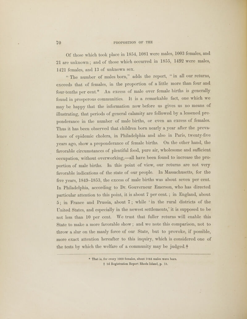 Of those which took place in 1854, 1081 were males, 1003 females, and 21 are unknown; and of those which occurred in 1855, 1492 were males, 1421 females, and 13 of unknown sex.  The number of males born, adds the report,  in all our returns, exceeds that of females, in the proportion of a little more than four and four-tenths per cent.* An excess of male over female births is generally found in prosperous communities. It is a remarkable fact, one which we may be happy that the information now before us gives us no means of illustrating, that periods of general calamity are followed by a lessened pre- ponderance in the number of male births, or even an excess of females. Thus it has been observed that children born nearly a year after the preva- lence of epidemic cholera, in Philadelphia and also in Paris, twenty-five years ago, show a preponderance of female births. On the other hand, the favorable circumstances of plentiful food, pure air, wholesome and sufficient occupation, without overworking,—all have been found to increase the pro- portion of male births. In this point of view, our returns are not very favorable indications of the state of our people. In Massachusetts, for the five years, 1849-1853, the excess of male births was about seven per cent. In Philadelphia, according to Dr. Gouverneur Emerson, who has directed particular attention to this point, it is about 7 per cent. ; in England, about 5; in France and Prussia, about 7 ; while ' in the rural districts of the United States, and especially in the newest settlements,1 it is supposed to be not less than 10 per cent. We trust that fuller returns will enable this State to make a more favorable show; and we note this comparison, not to throw a slur on the manly force of our State, but to provoke, if possible, more exact attention hereafter to this inquiry, which is considered one of the tests by which the welfare of a community may be judged, f * That is, for every 1000 females, about 1044 males were born, f 2d Registration Report Rhode Island, p. 16.