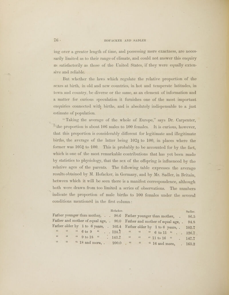 ing over a greater length of time, and possessing more exactness, are neces- sarily limited as to their range of climate, and could not answer this enquiry as satisfactorily as those of the United States, if they were equally exten- sive and reliable. But whether the laws which regulate the relative proportion of the sexes at birth, in old and new countries, in hot and temperate latitudes, in town and country, be diverse or the same, as an element of information and a matter for curious speculation it furnishes one of the most important enquiries connected with births, and is absolutely indispensable to a just estimate of population.  Taking the average of the whole of Europe, says Dr. Carpenter, the proportion is about 106 males to 100 females. It is curious, however, that this proportion is considerably different for legitimate and illegitimate births, the average of the latter being 102£ to 100, in places where the former was 105| to 100. This is probably to be accounted for by the fact, which is one of the most remarkable contributions that has yet been made by statistics to physiology, that the sex of the offspring is influenced by the relative ages of the parents. The following table expresses the average results obtained by M. Hofacker, in Germany, and by Mr. Sadler, in Britain, between which it will be seen there is a manifest correspondence, although both were drawn from too limited a series of observations. The numbers indicate the proportion of male births to 100 females under the several conditions mentioned in the first column: Hofacker. Sadler. Father younger than mother, . . 90.6 Father younger than mother, . 86.5 Father and mother of equal age, . 90.0 Father and mother of equal age, . 94.8 Father older by 1 to 6 years, . 103.4 Father older by 1 to 6 years, . 103.7    6 to 9 « . . 124.* « « • « 6 to 11 « . . 126.7    9 to 18 « : 143.7 « « « 11 to 16 « . 147.7  18 and more, . 200.0 . « « « 16 and more, . 163.2